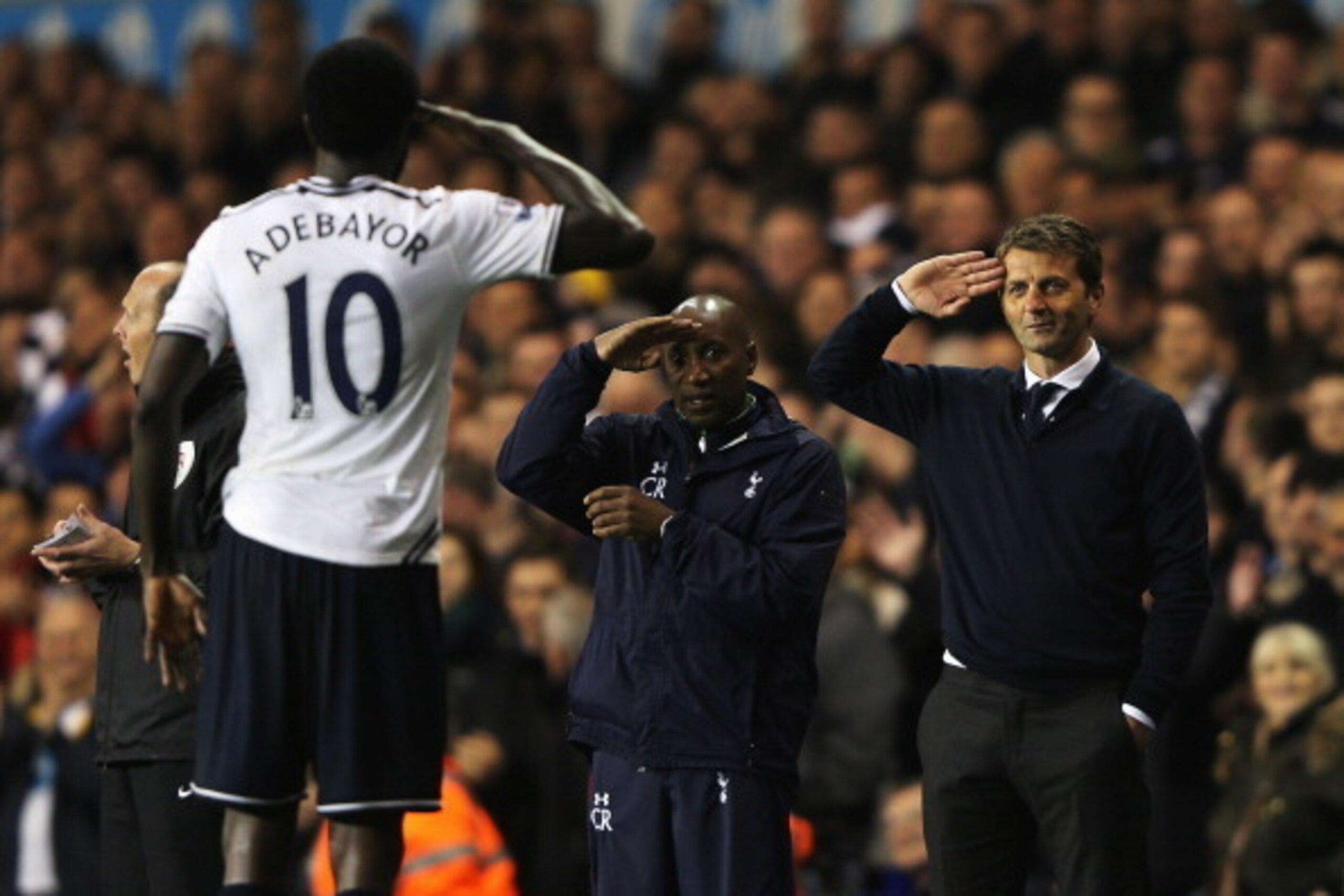 LONDON, ENGLAND - APRIL 07:  Emmanuel Adebayor of Tottenham Hotspur celebrates scoring his second goal with Tim Sherwood (R), manager of Tottenham Hotspur and Chris Ramsey during the Barclays Premier League match between Tottenham Hotspur and Sunderland a