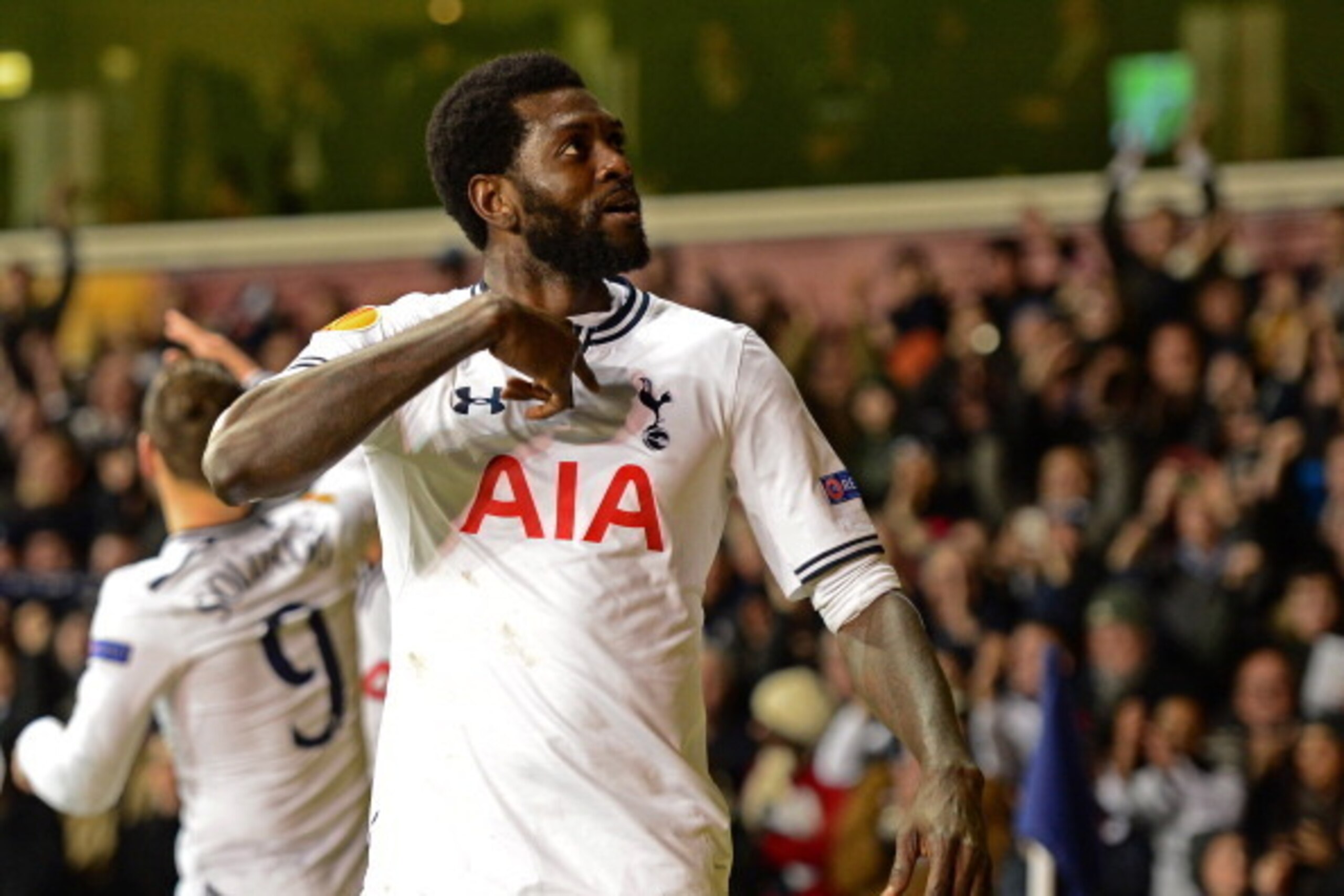LONDON, ENGLAND - FEBRUARY 27:  Emmanuel Adebayor of Tottenham Hotspur celebrates after scoring a goal during the UEFA Europa League Round of 32 second leg match between Tottenham Hotspur and  FC Dnipro Dnipropetrovsk at White Hart Lane on February 27, 20