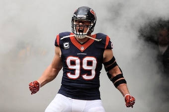 HOUSTON, TX - DECEMBER 01:  J.J. Watt #99 of Houston Texans enters the field before the game against the New England Patriots at Reliant Stadium on December 1, 2013 in Houston, Texas.  (Photo by Scott Halleran/Getty Images)
