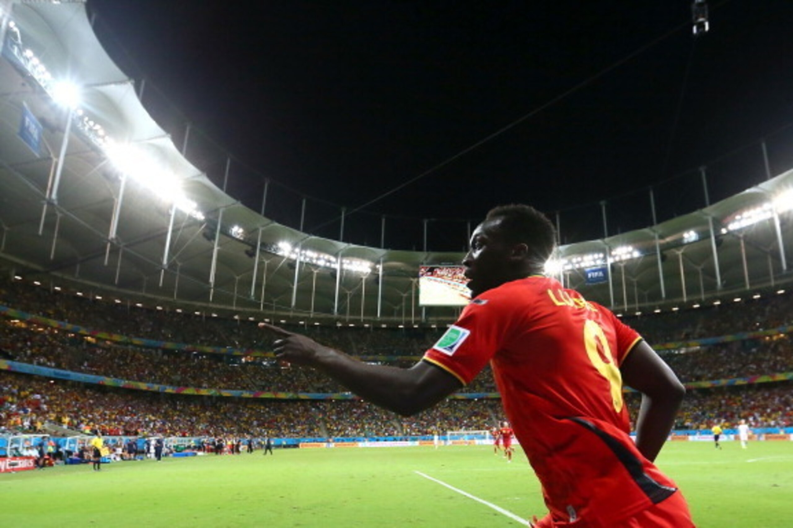 SALVADOR, BRAZIL - JULY 01:  Romelu Lukaku of Belgium celebrates scoring his team's second goal in extra time during the 2014 FIFA World Cup Brazil Round of 16 match between Belgium and the United States at Arena Fonte Nova on July 1, 2014 in Salvador, Br