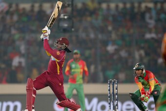 DHAKA, BANGLADESH - MARCH 25:  Chris Gayle of the West Indies bats during the ICC World Twenty20 Bangladesh 2014 match between Bangladesh and the West Indies at Sher-e-Bangla Mirpur Stadium on March 25, 2014 in Dhaka, Bangladesh.  (Photo by Scott Barbour/