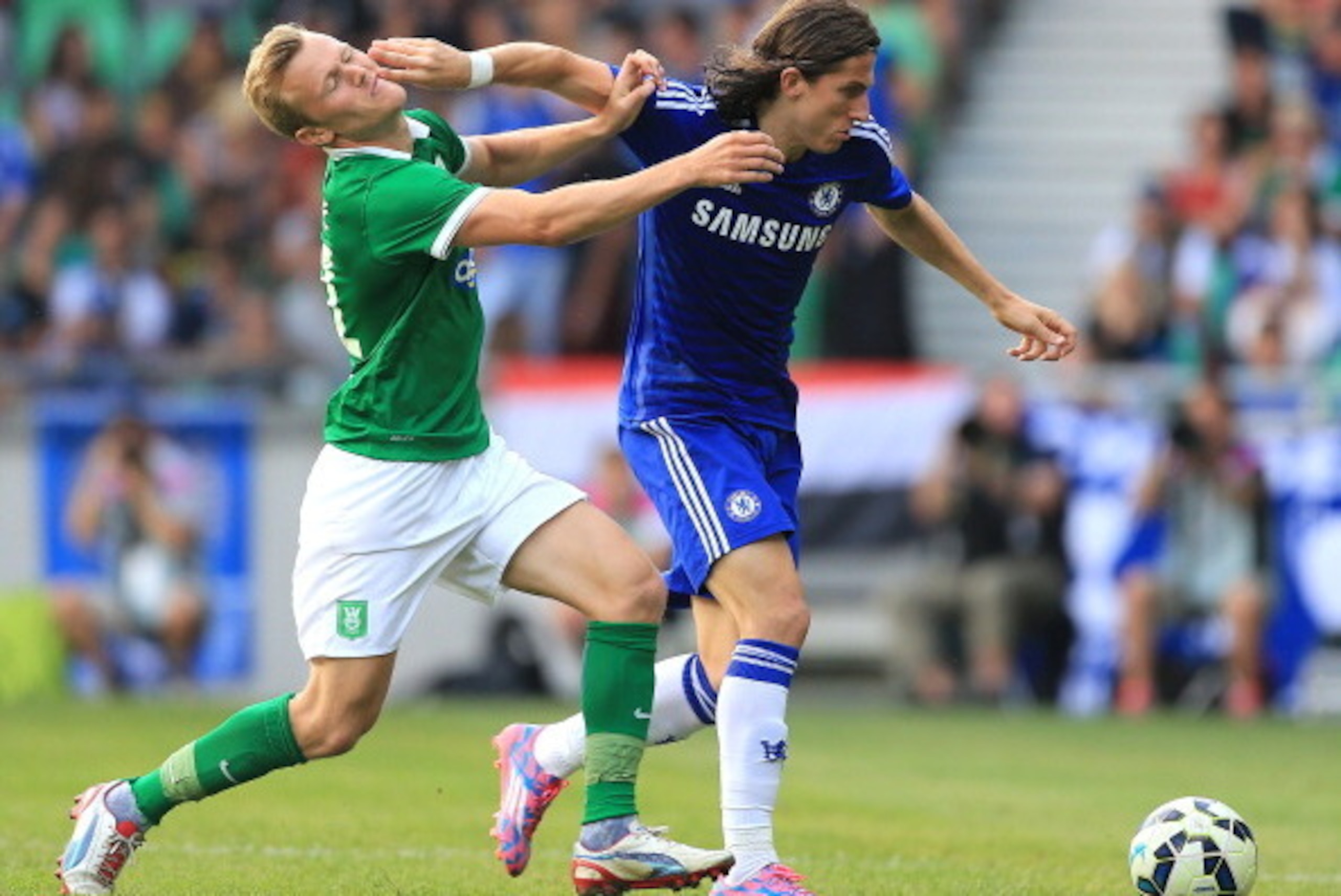 LJUBLJANA, SLOVENIA - JULY 27: Luis Felipe (R) of FC Chelsea in action against Nik Omladic (L) of FC Olimpija Ljubljana during the Pre Season Friendly  match between FC Olimpija Ljubljana and FC Chelsea at Stozice stadium in Ljubljana, Slovenia on Sunday,