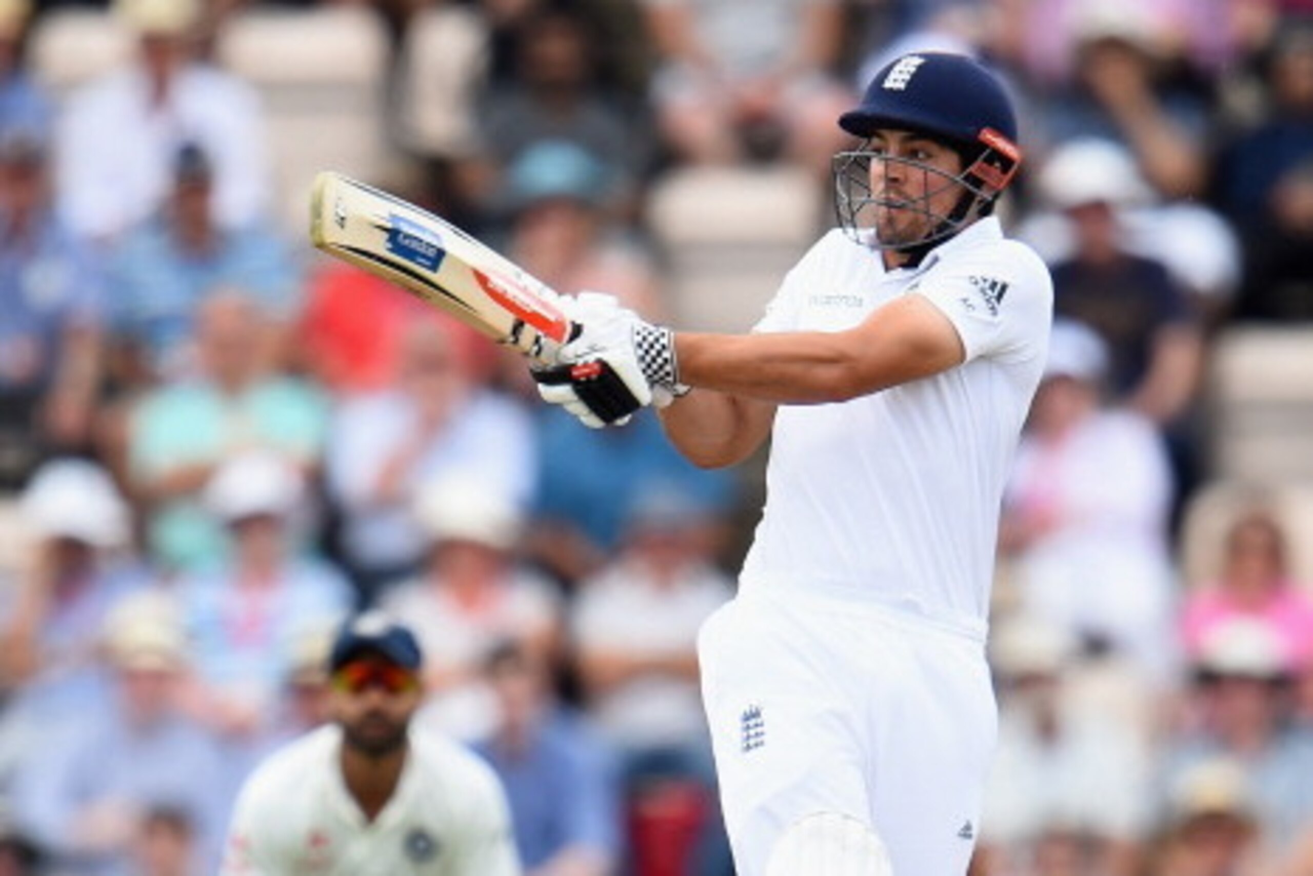 SOUTHAMPTON, ENGLAND - JULY 27:  Alastair Cook of England smashes the ball towards the boundary during Day 1 of the 3rd Investec Test match between England and India at the Ageas Bowl on July 27, 2014 in Southampton, England.  (Photo by Christopher Lee/Ge