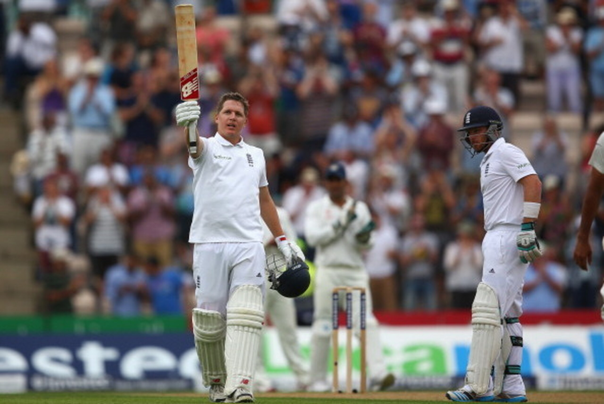 SOUTHAMPTON, ENGLAND - JULY 27:  Gary Ballance of England celebrates reaching his century alongside Ian Bell (R) during day one of the 3rd Investec Test match between England and India at the Ageas Bowl on July 27, 2014 in Southampton, England.  (Photo by