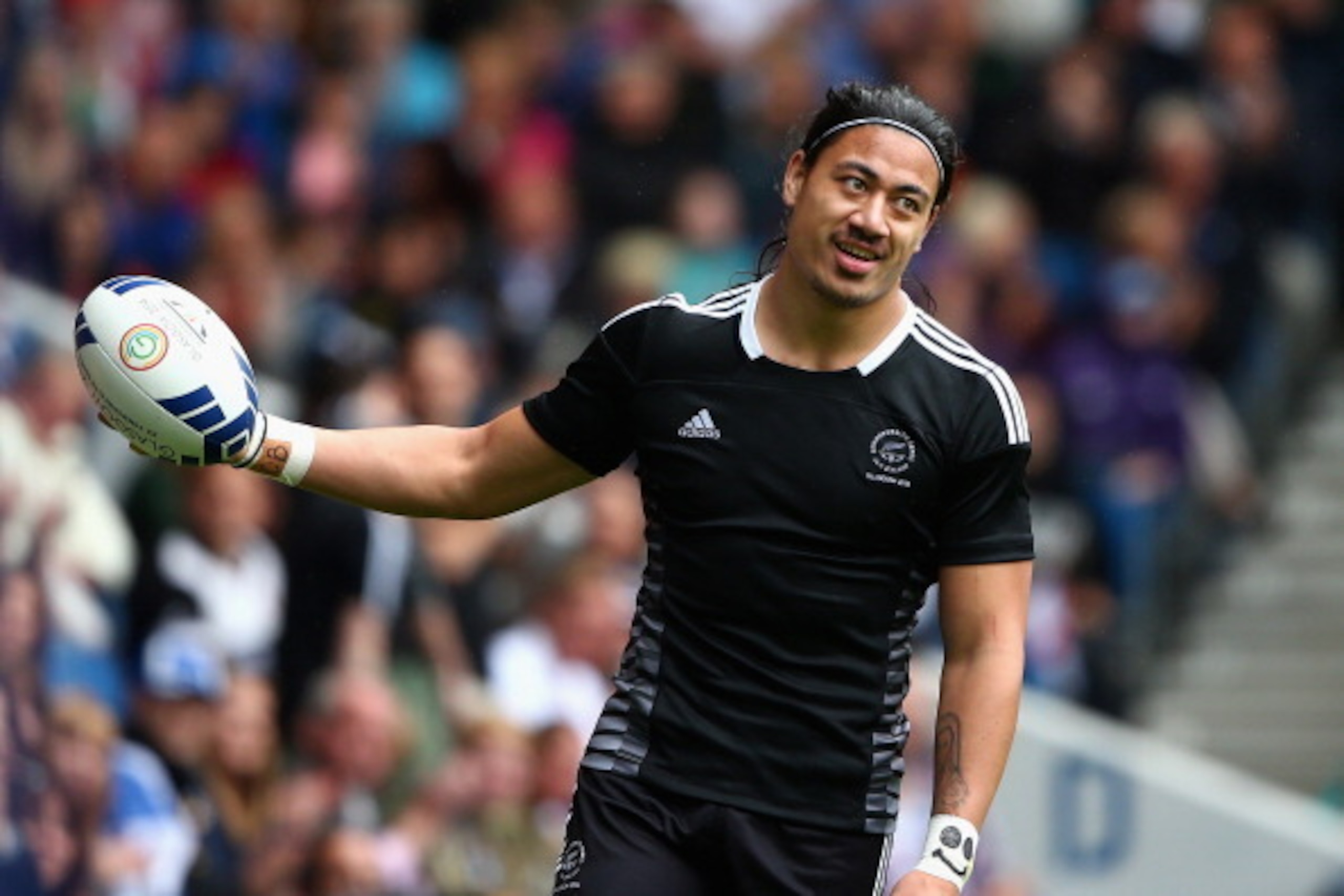 GLASGOW, SCOTLAND - JULY 27:  Ben Lam of New Zealand celebrates scoring a try in the quarter final match between New Zealand and Kenya during the Rugby Sevens at Ibrox Stadium during day four of the Glasgow 2014 Commonwealth Games on July 27, 2014 in Glas