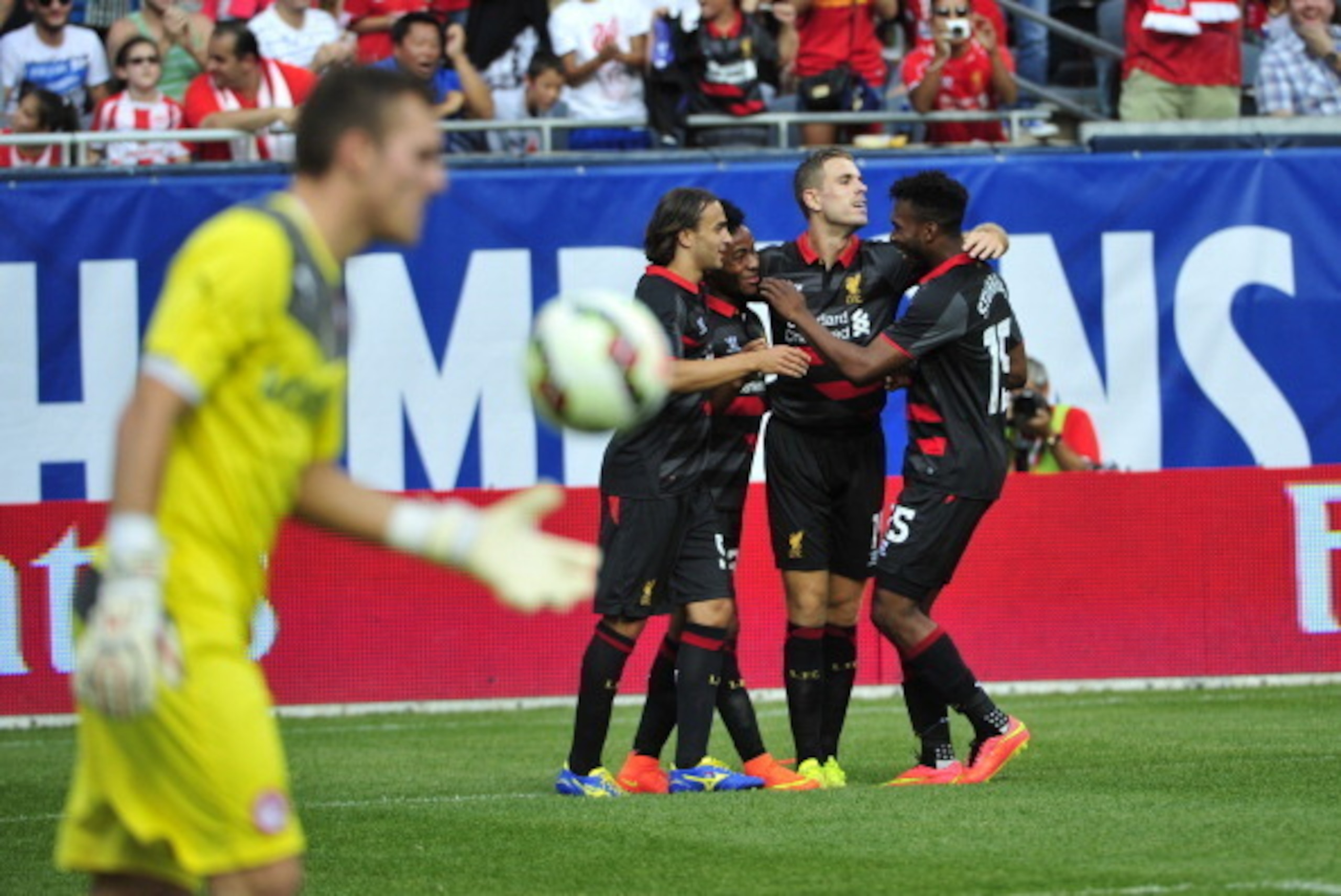 CHICAGO, IL - JULY 27: Liverpool celebrates Raheem Sterling's #31 goal against the Olympiacos FC during the International Champions Cup 2014 on July 27, 2014 at Soldier Field in Chicago, Illinois. (Photo by David Banks/Getty Images) CHICAGO, IL - JULY 27: Liverpool celebrates Raheem Sterling's #31 goal against the Olympiacos FC during the International Champions Cup 2014 on July 27, 2014 at Soldier Field in Chicago, Illinois. (Photo by David Banks/Getty Images)