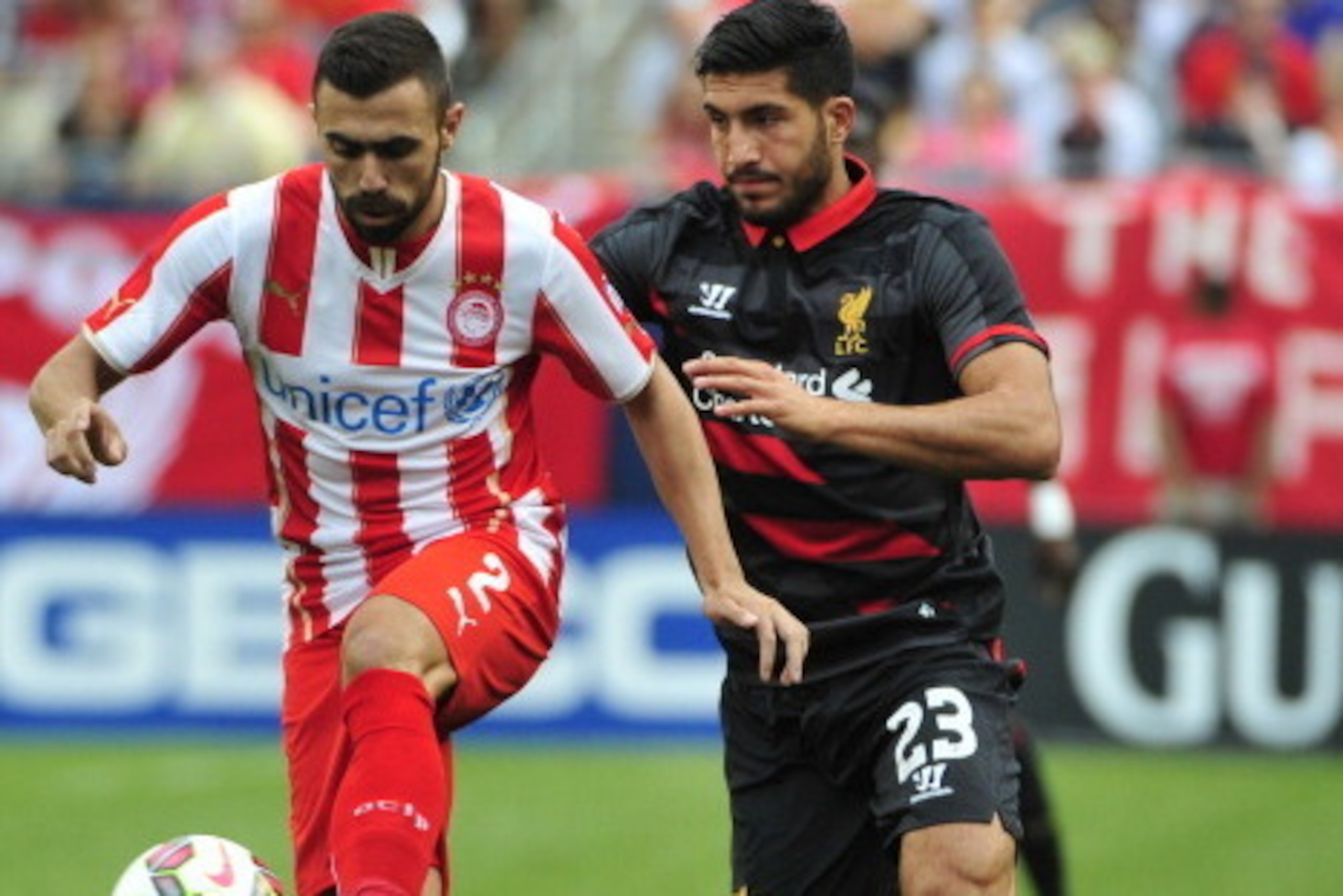 CHICAGO, IL - JULY 27: Ionnis Maniatis #2 of Olympiacos FC and Emre Can #23 of Liverpool go for the ball during the International Champions Cup 2014 on July 27, 2014 at Soldier Field in Chicago, Illinois. (Photo by David Banks/Getty Images) CHICAGO, IL - JULY 27: Ionnis Maniatis #2 of Olympiacos FC and Emre Can #23 of Liverpool go for the ball during the International Champions Cup 2014 on July 27, 2014 at Soldier Field in Chicago, Illinois. (Photo by David Banks/Getty Images)