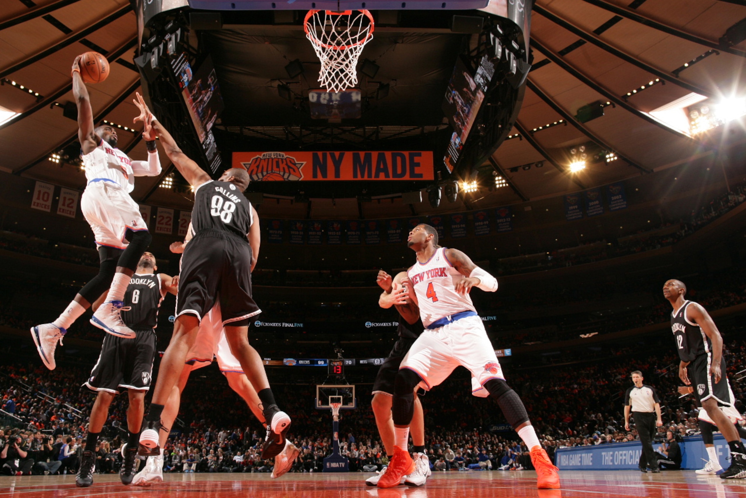 NEW YORK, NY - APRIL 02: Tim Hardaway Jr. #5 of the New York Knicks shoots against the Brooklyn Nets during a game at Madison Square Garden in New York City on April 02, 2014.  NOTE TO USER: User expressly acknowledges and agrees that, by downloading and