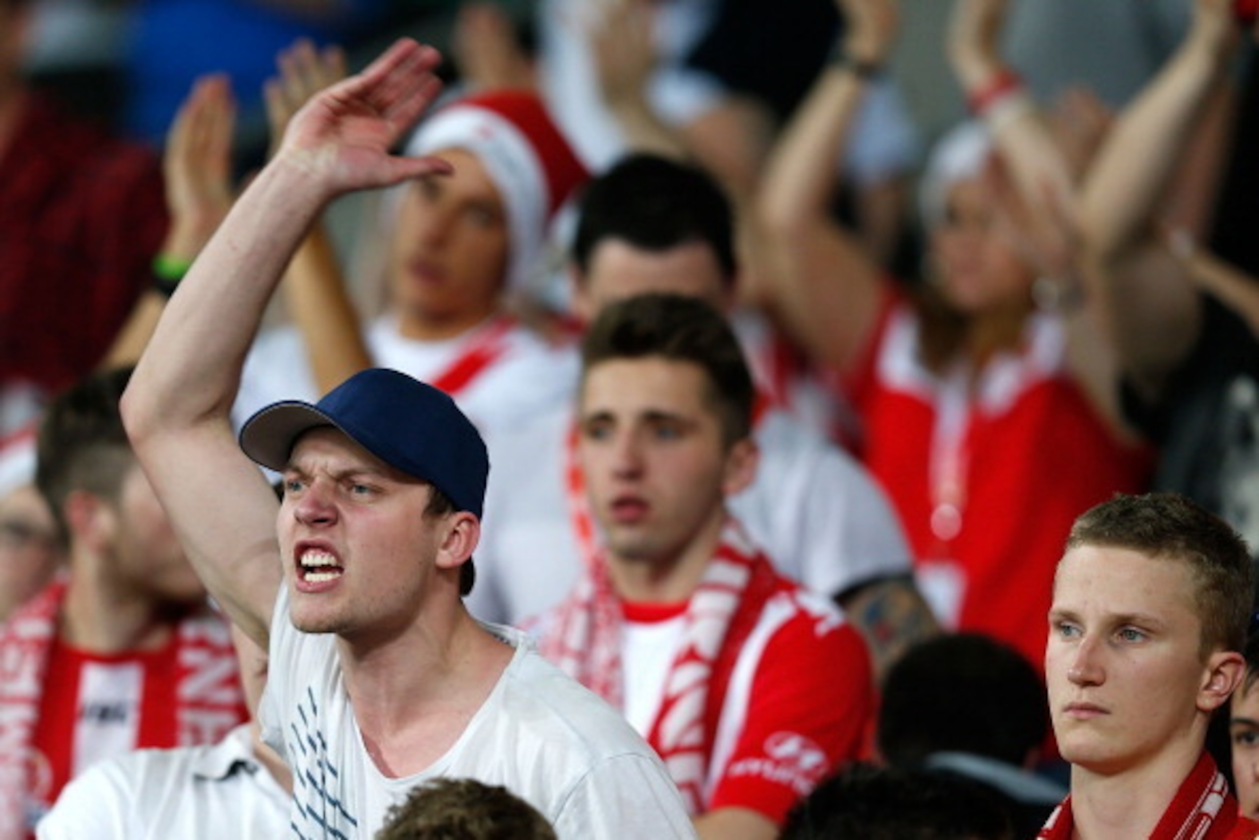 MELBOURNE, AUSTRALIA - DECEMBER 21:  An angry Heart fan reacts after the round 11 A-League match between Melbourne Heart and Melbourne Victory at AAMI Park on December 21, 2013 in Melbourne, Australia.  (Photo by Darrian Traynor/Getty Images)