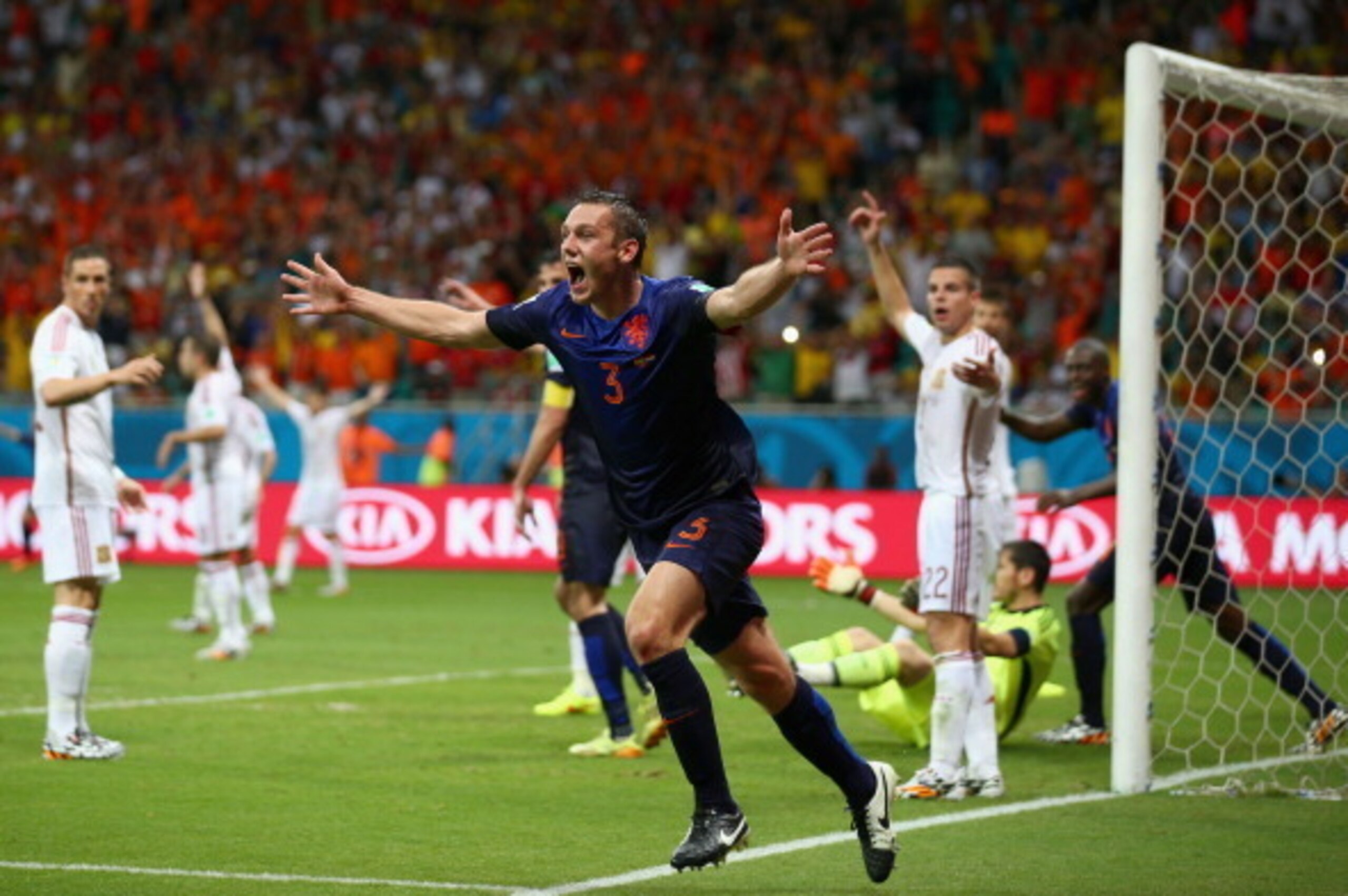 SALVADOR, BRAZIL - JUNE 13:  Stefan de Vrij of the Netherlands celebrates scoring the third goal during the 2014 FIFA World Cup Brazil Group B match between Spain and Netherlands at Arena Fonte Nova on June 13, 2014 in Salvador, Brazil.  (Photo by Paul Gi
