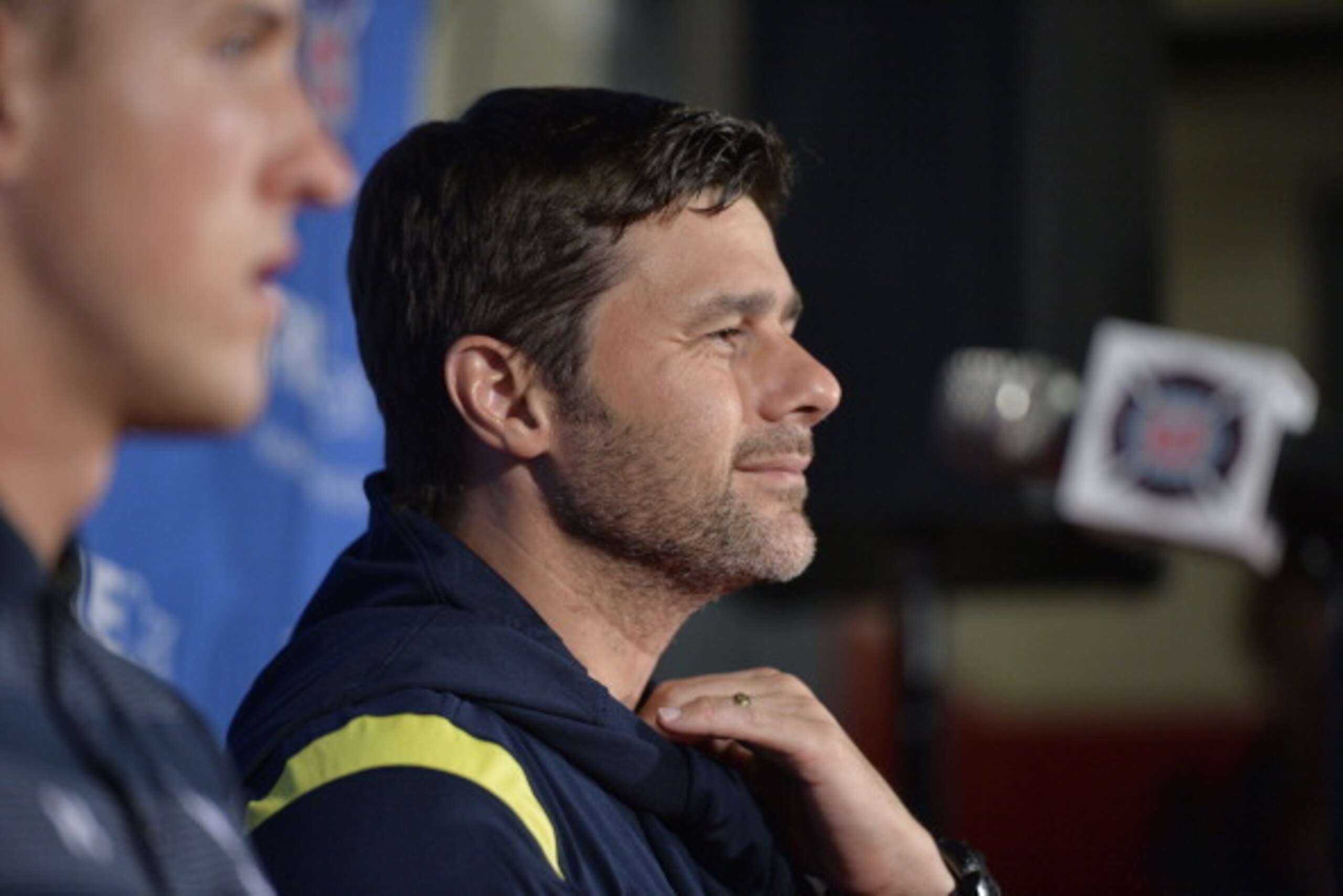 BRIDGEVIEW, IL - JULY 26:  Manager Mauricio Pochettino of Tottenham Hotspur speaks during a news conference after the game against the Chicago Fire at Toyota Park on July 26, 2014 in Bridgeview, Illinois. Tottenham Hotspur defeated the Fire 2-0.  (Photo b