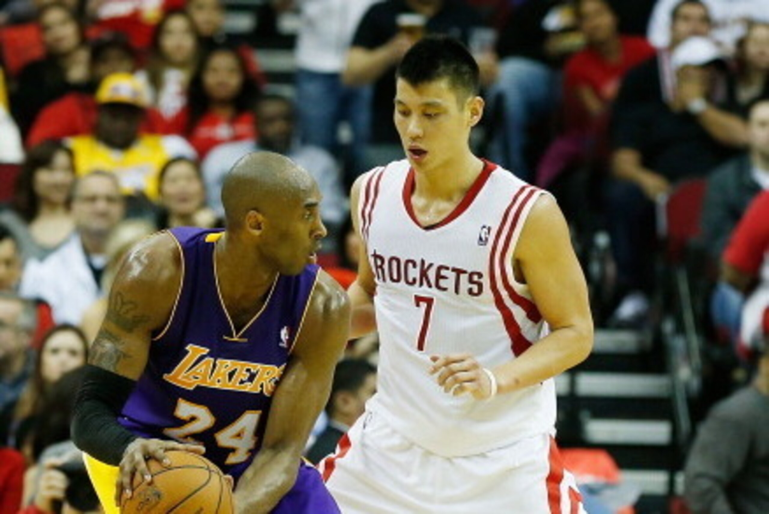 HOUSTON, TX - JANUARY 08:  Jeremy Lin #7 of the Houston Rockets guards Kobe Bryant #24 of the Los Angeles Lakers at Toyota Center on January 8, 2013 in Houston, Texas.  NOTE TO USER: User expressly acknowledges and agrees that, by downloading and or using
