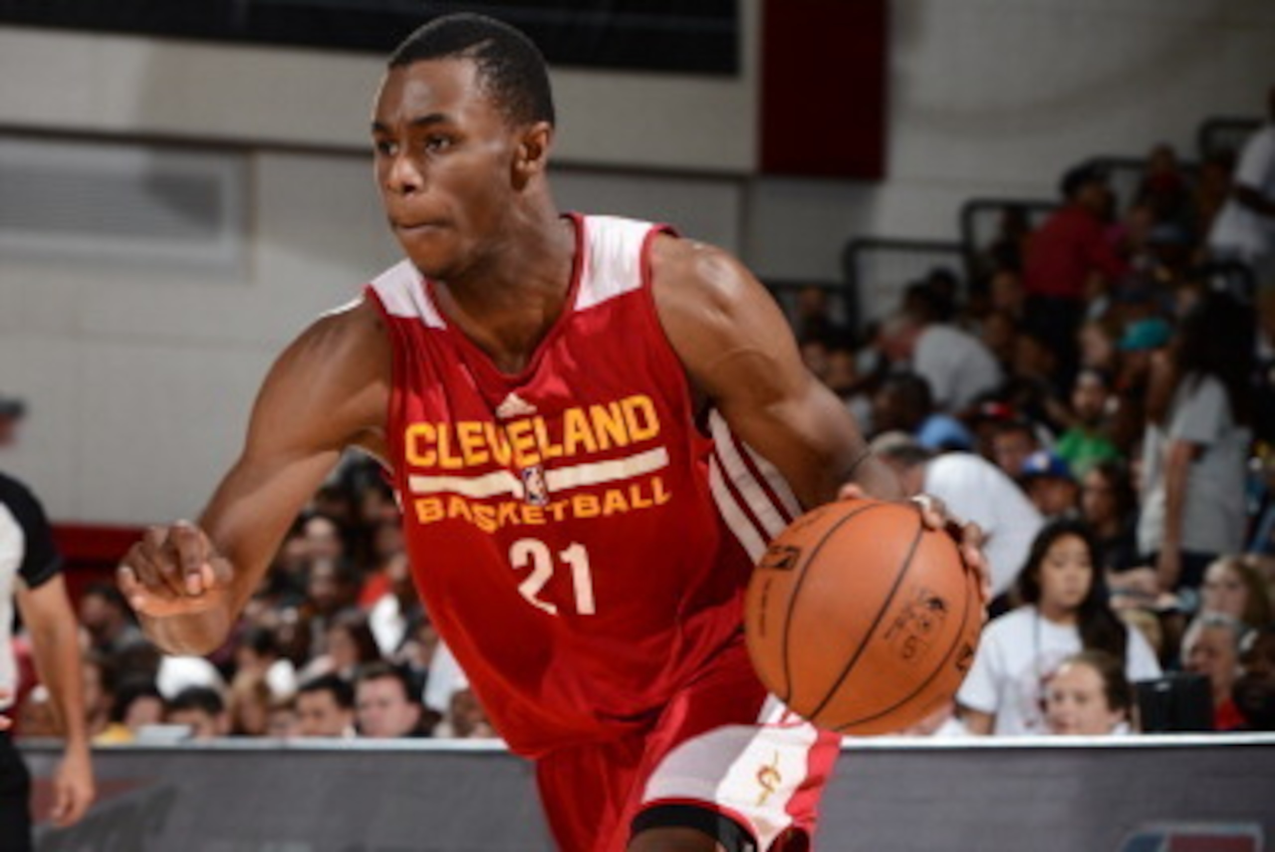 LAS VEGAS, NV - JULY 13:  Andrew Wiggins #21 of the Cleveland Cavaliers handles the ball against the San Antonio Spurs at the Samsung NBA Summer League 2014 on July 13, 2014 at the Cox Pavilion in Las Vegas, Nevada. NOTE TO USER: User expressly acknowledg