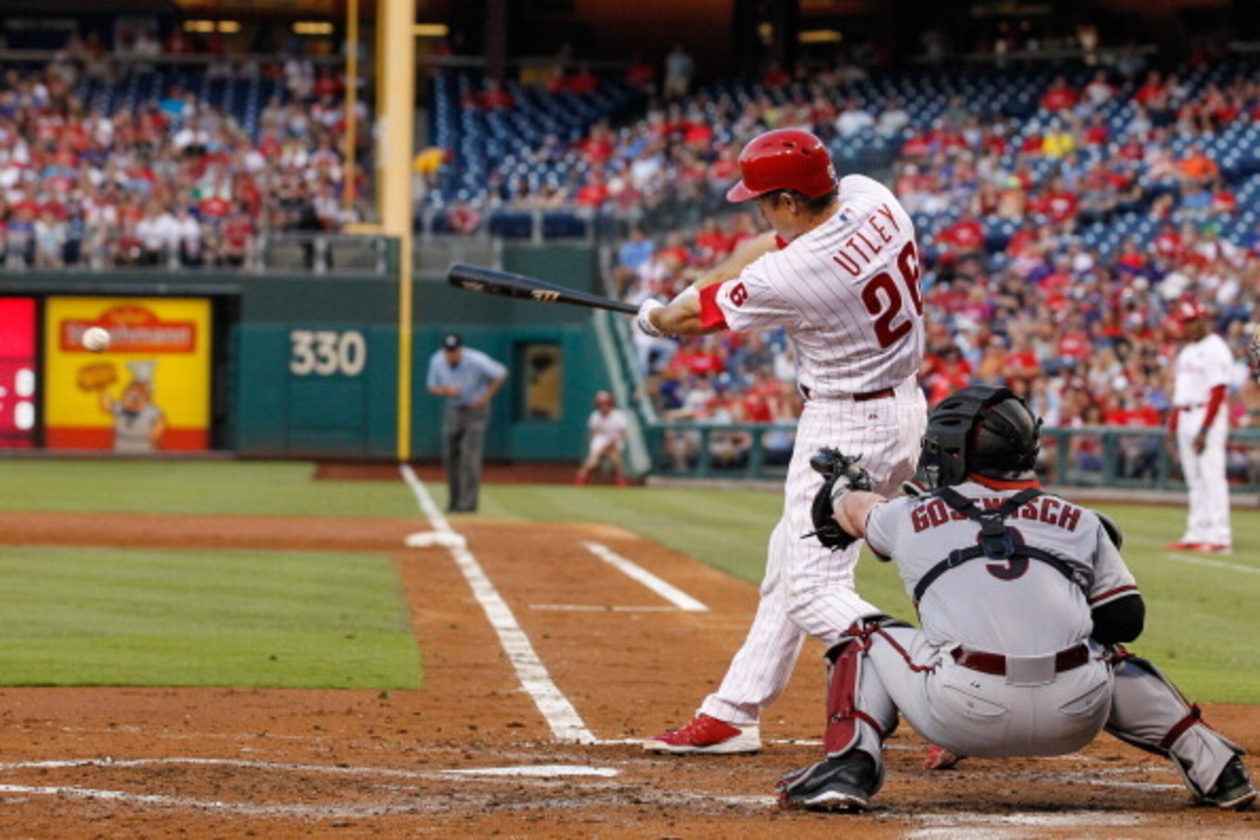 PHILADELPHIA, PA - JULY 26: Chase Utley #26 of the Philadelphia Phillies hits an RBI single in the second inning of the game against the Arizona Diamondbacks at Citizens Bank Park on July 26, 2014 in Philadelphia, Pennsylvania. (Photo by Brian Garfinkel/G