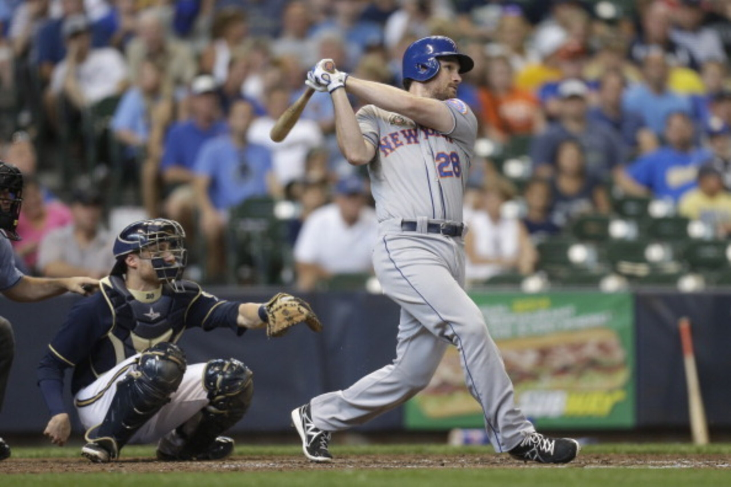 MILWAUKEE, WI - JULY 27: Daniel Murphy #28 of the New York Mets hits a double in the top of the sixth inning of Interleague play against the Milwaukee Brewers at Miller Park on July 27, 2014 in Milwaukee, Wisconsin. (Photo by Mike McGinnis/Getty Images)