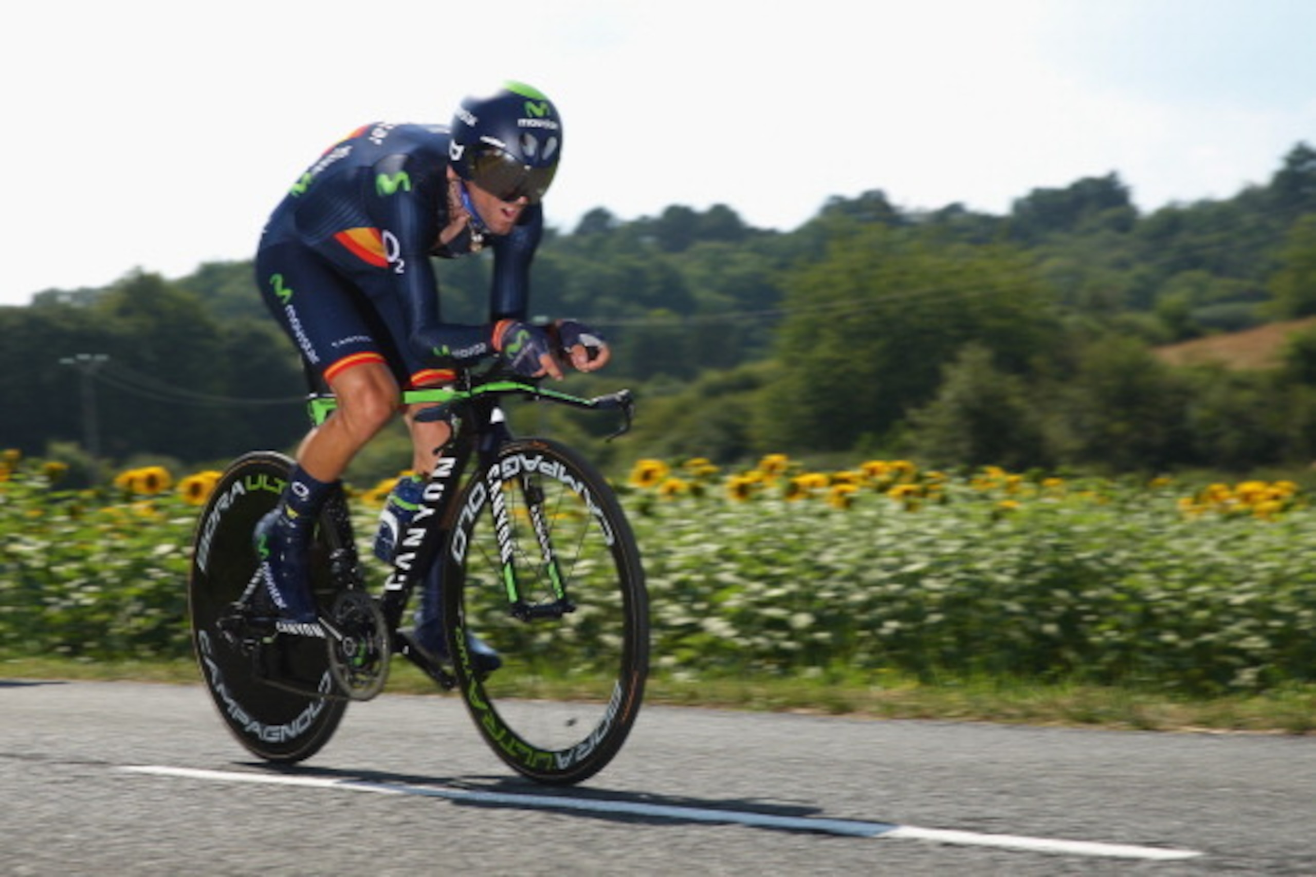 PERIGUEUX, FRANCE - JULY 26:  Alejandro Valverde of Spain and Movistar in action during the twentieth stage of the 2014 Tour de France, a 54km individual time trial stage between Bergerac and Perigueux, on July 26, 2014 in Perigueux, France.  (Photo by Br