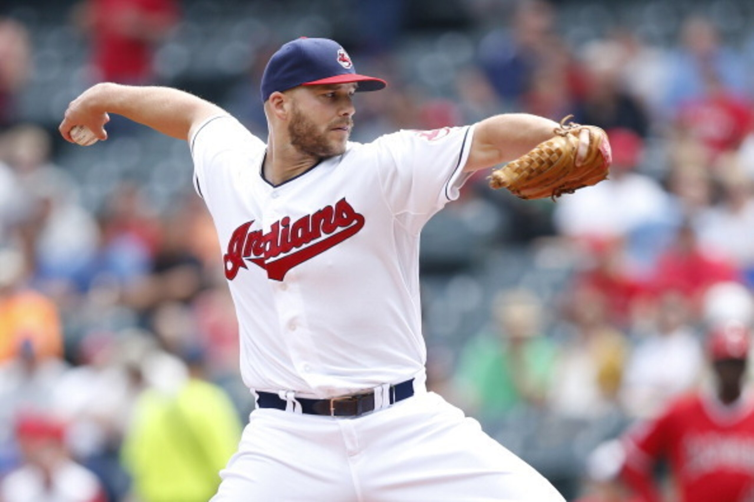 CLEVELAND, OH - JUNE 19: Justin Masterson #63 of the Cleveland Indians pitches in the first inning of the game against the Los Angeles Angels of Anaheim at Progressive Field on June 19, 2014 in Cleveland, Ohio. (Photo by Joe Robbins/Getty Images)