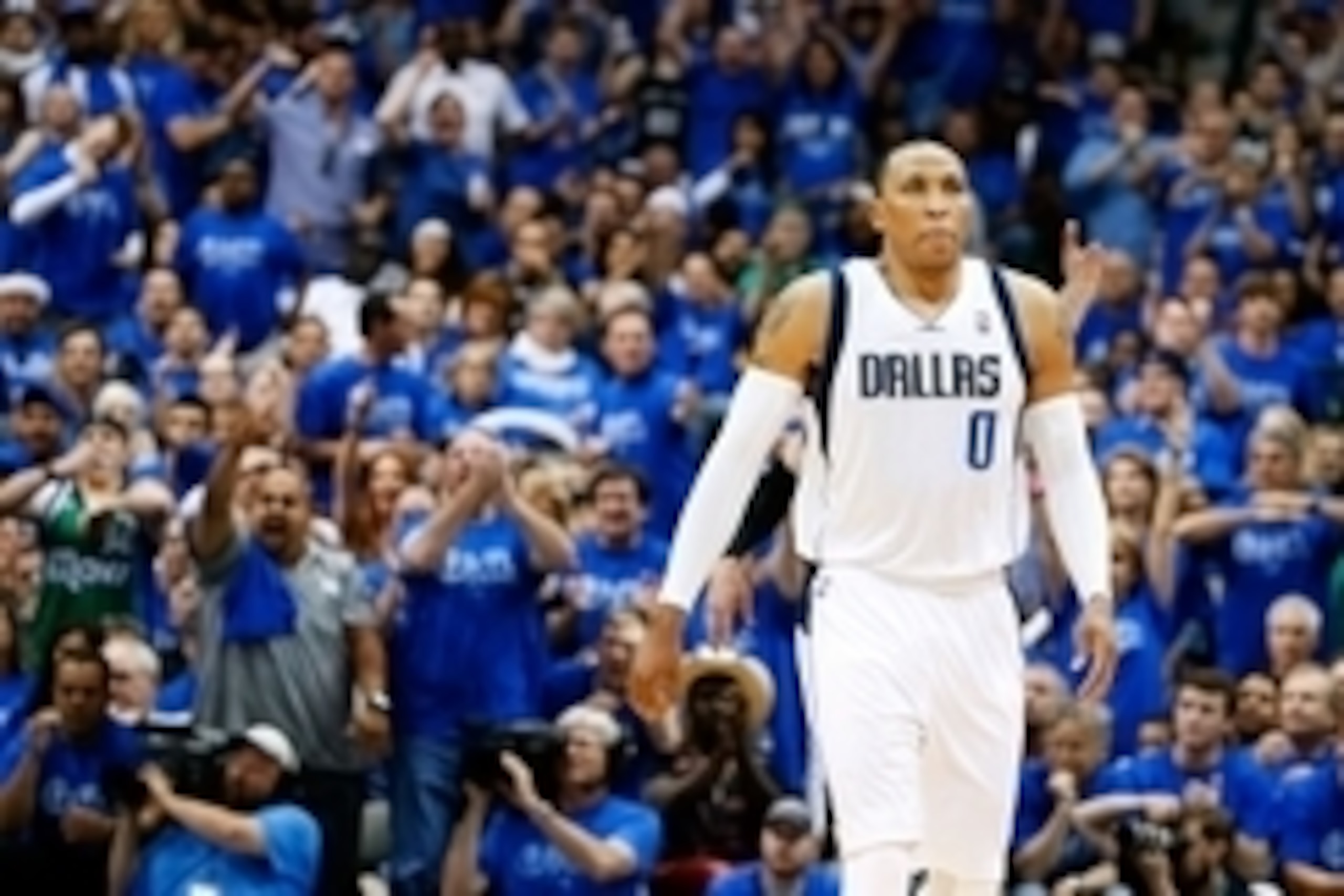 Apr 26, 2014; Dallas, TX, USA; Dallas Mavericks forward Shawn Marion (0) reacts during the game against the San Antonio Spurs in game three of the first round of the 2014 NBA Playoffs at American Airlines Center. Dallas won 109-108. Mandatory Credit: Kevi