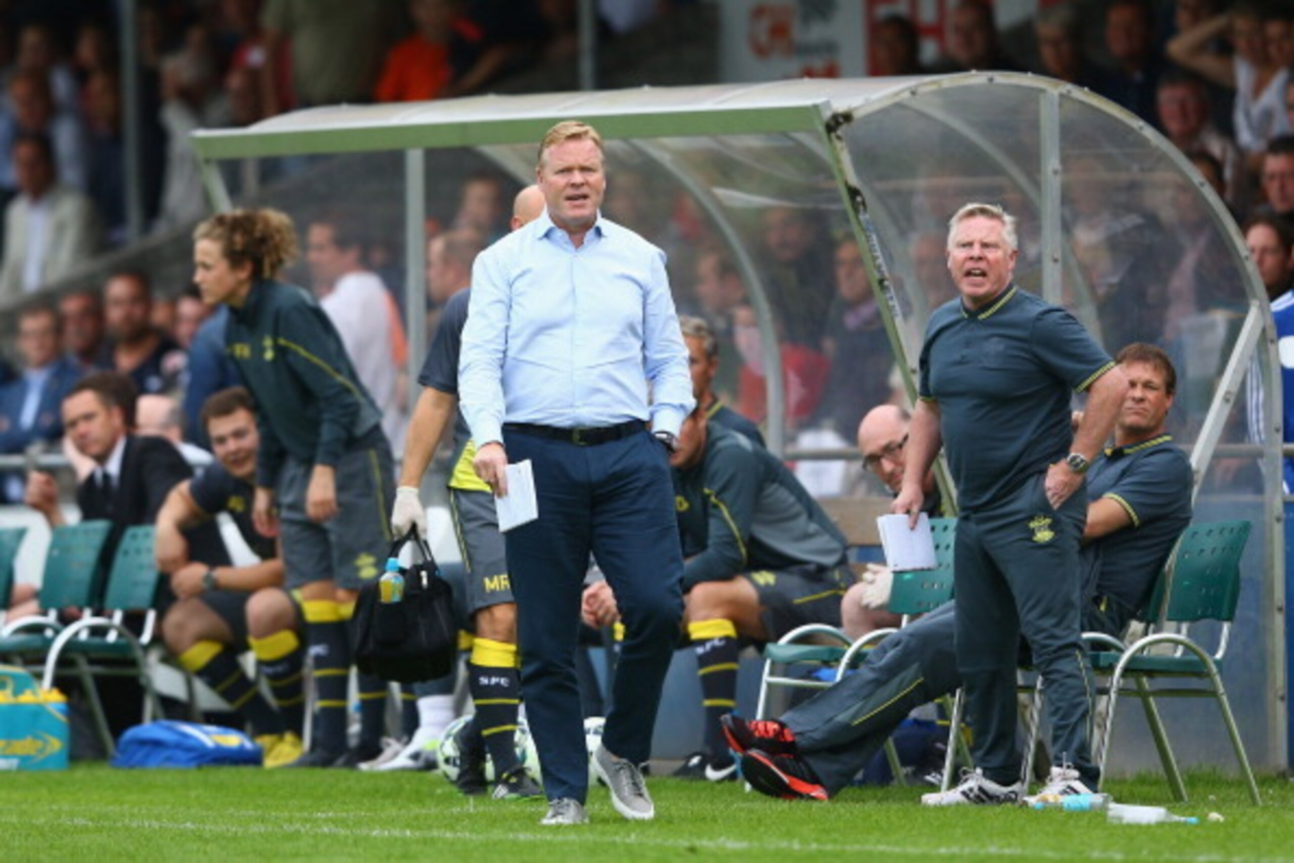 HOENSBROEK, NETHERLANDS - JULY 15:  Head coach Ronald Koeman Southampton is seen on the bench side
during the pre season friendly match between EHC Hoensbroek and Southampton at Sportpark De Dem on July 15, 2014 in Hoensbroek, Netherlands.  (Photo by Chri