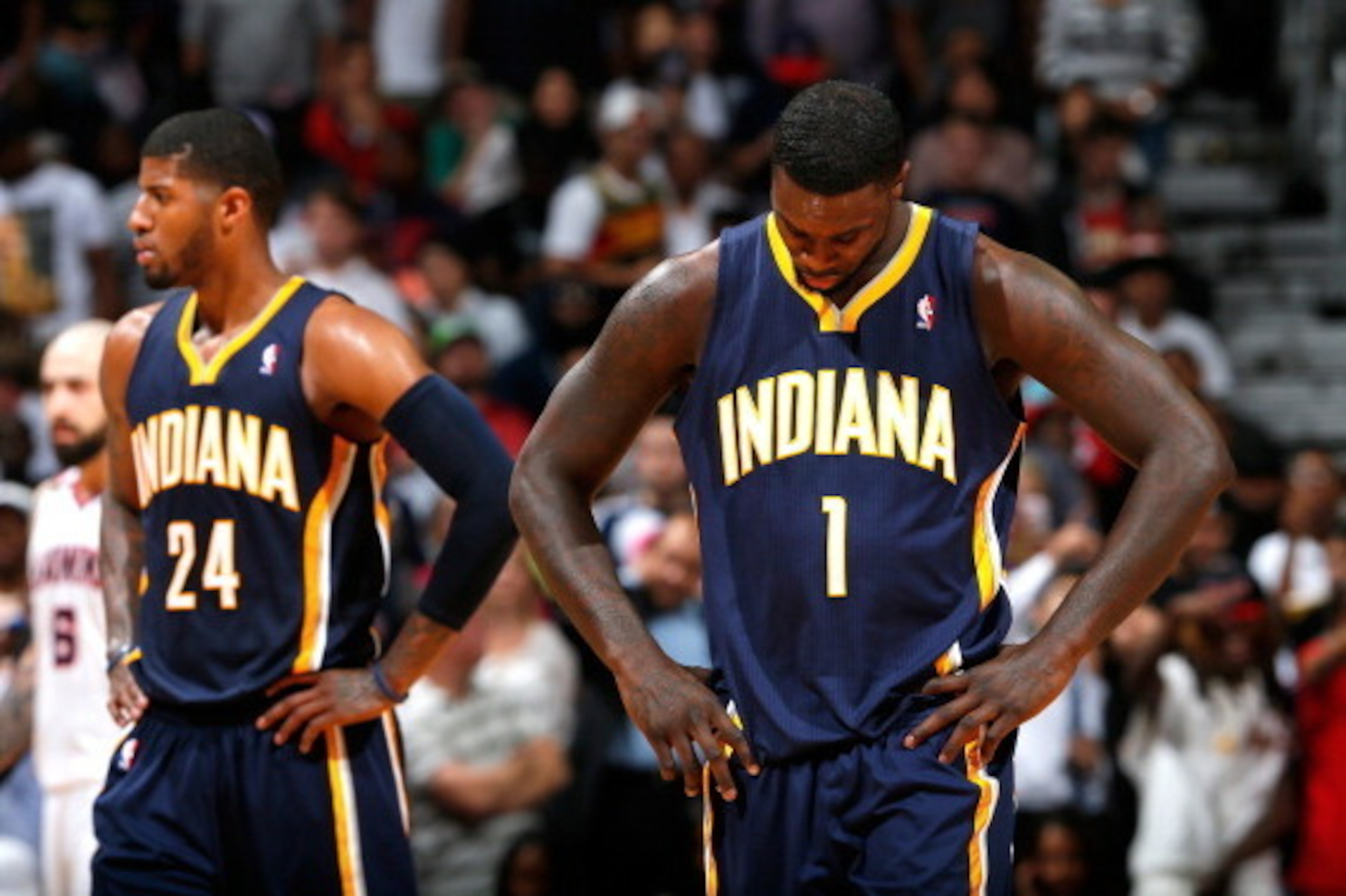 ATLANTA, GA - APRIL 24:  Lance Stephenson #1 and Paul George #24 of the Indiana Pacers react in the final minutes of their 98-85 loss to the Atlanta Hawks in Game 3 of the Eastern Conference Quarterfinals during the 2014 NBA Playoffs at Philips Arena on A