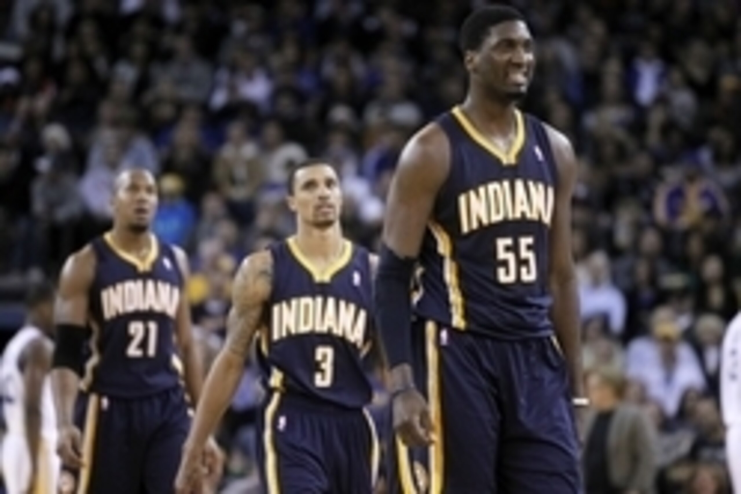 December 1, 2012; Oakland, CA, USA; Indiana Pacers center Roy Hibbert (55), guard George Hill (3) and forward David West (21) walk to the team bench during a timeout against the Golden State Warriors in the second quarter at ORACLE Arena. Mandatory Credit