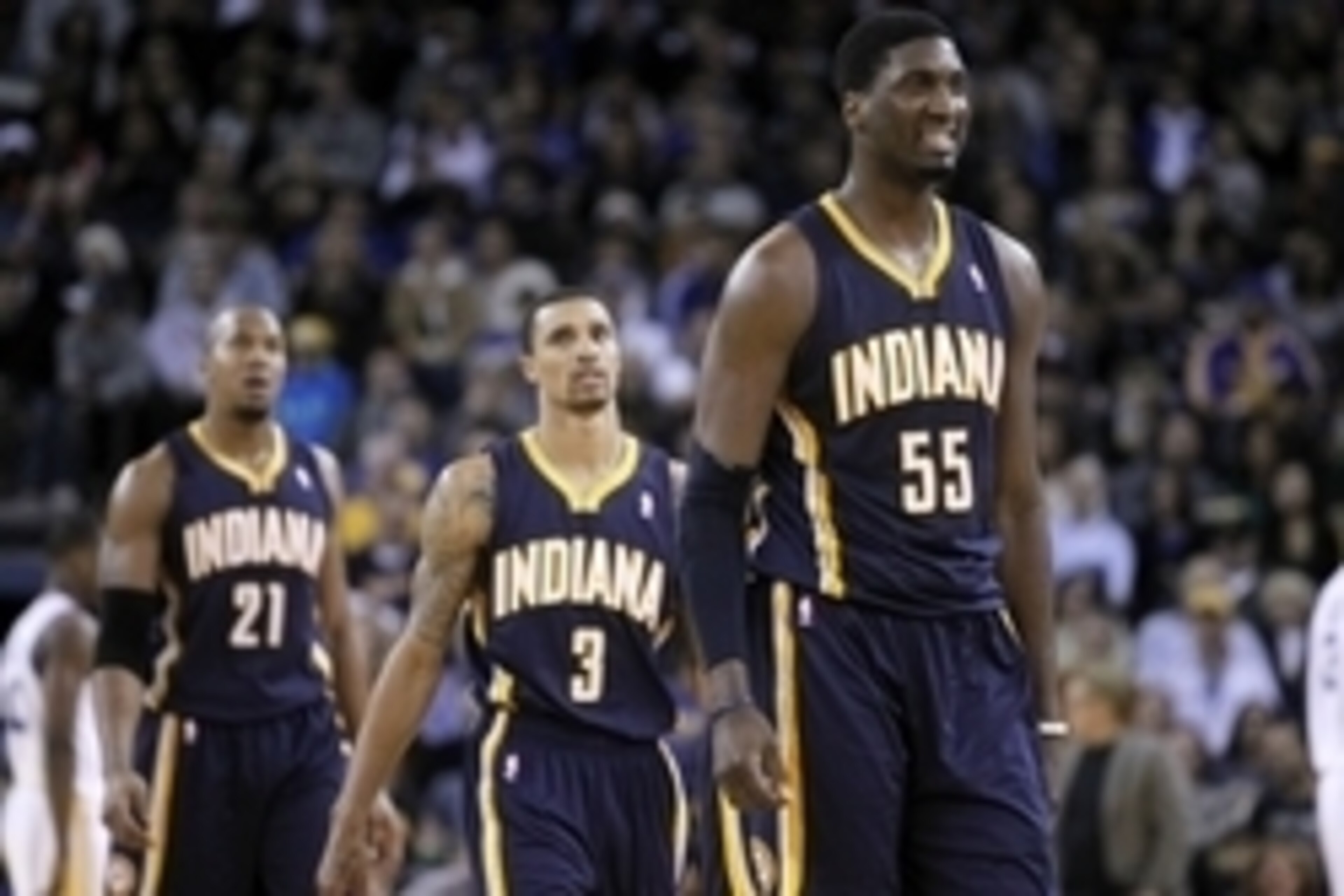 December 1, 2012; Oakland, CA, USA; Indiana Pacers center Roy Hibbert (55), guard George Hill (3) and forward David West (21) walk to the team bench during a timeout against the Golden State Warriors in the second quarter at ORACLE Arena. Mandatory Credit
