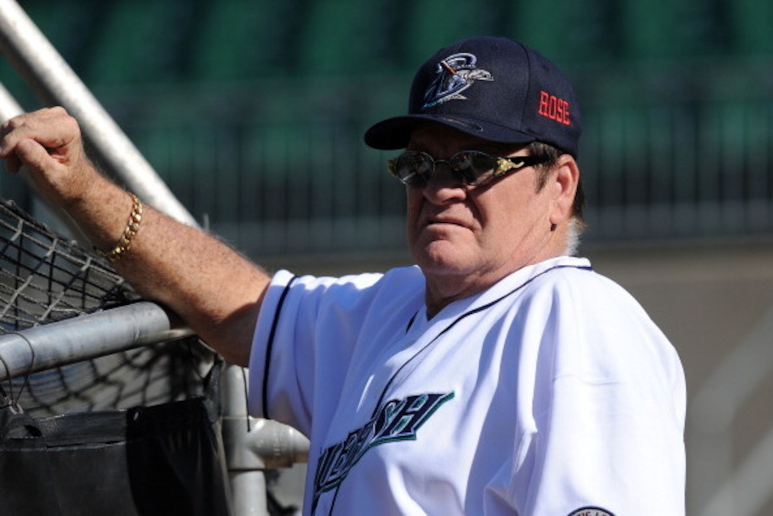 BRIDGEPORT, CT - JUNE 16:  Former Major League Baseball player Pete Rose looks on during batting practice prior to managing the game for the Bridgeport Bluefish against the Lancaster Barnstormers at The Ballpark at Harbor Yard on June 16, 2014 in Bridgepo