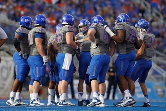 BOISE, ID - OCTOBER 13:  Joe Southwick #16 of the Boise State Broncos calls a play during the game against the Fresno State Bulldogs at Bronco Stadium on October 13, 2012 in Boise, Idaho.  (Photo by Otto Kitsinger III/Getty Images)
