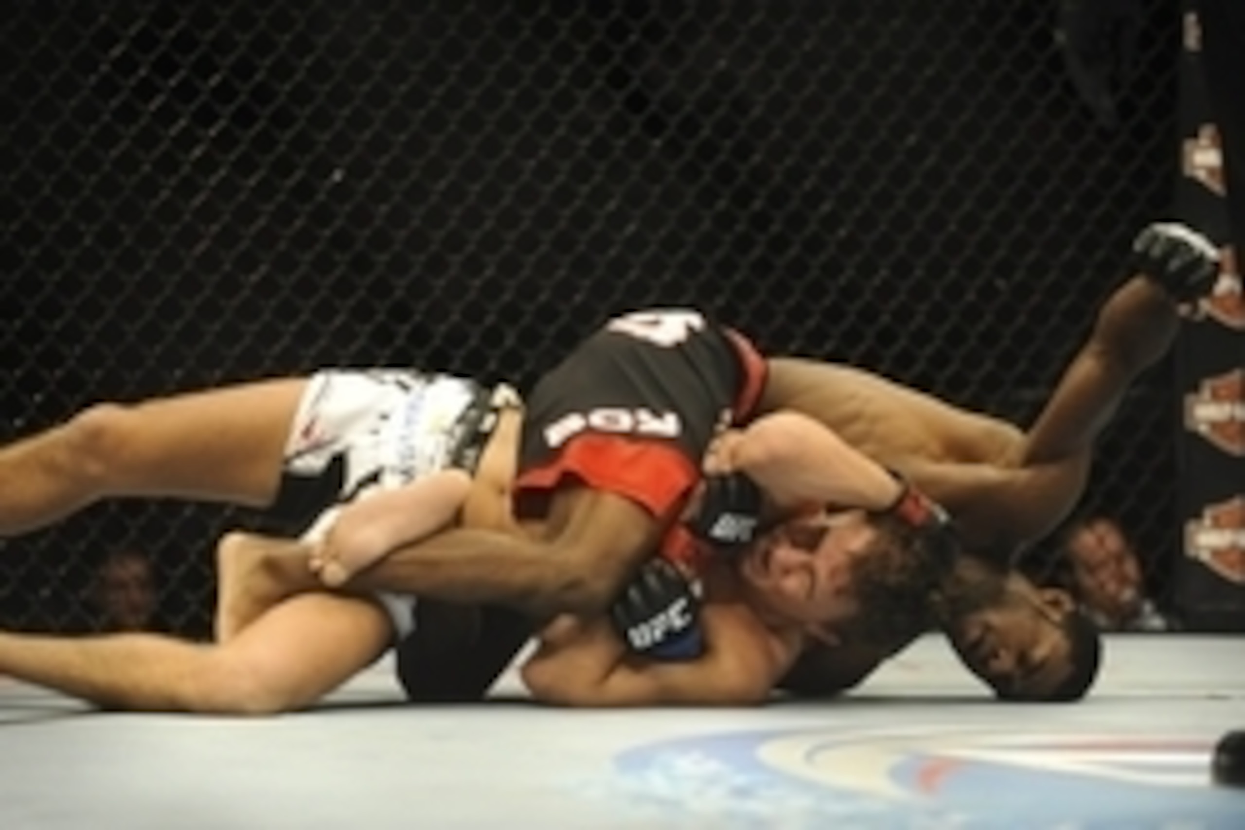 Feb 22, 2014; Las Vegas, NV, USA; Aljamain Sterling (blue gloves) holds down Cody Gibson (red gloves) in a tight leg twist during their UFC bantamweight bout at Mandalay Bay. Sterling won 29-28 by unanimous decision. Mandatory Credit: Stephen R. Sylvanie-