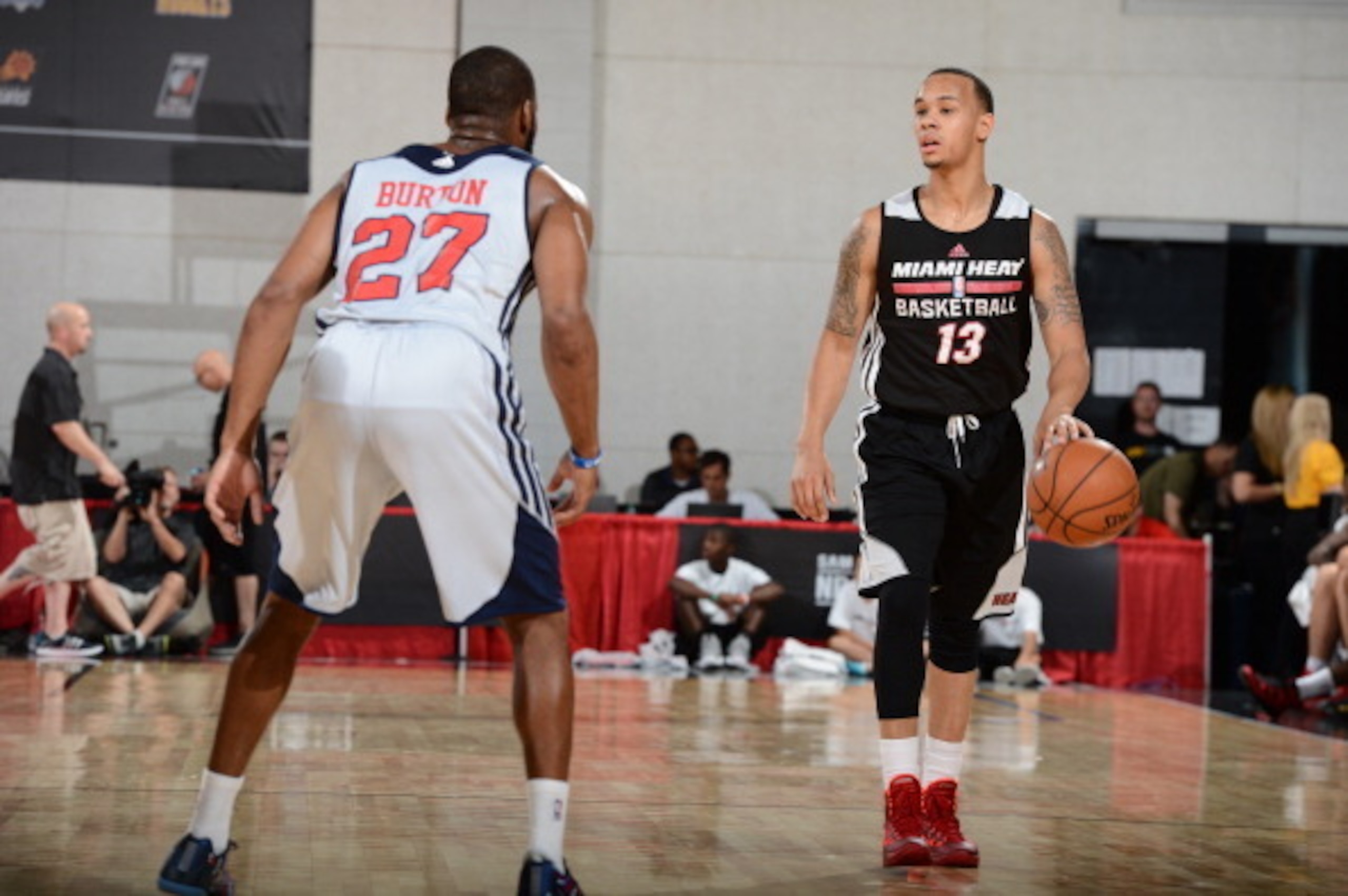 LAS VEGAS, NV - JULY 17:  Shabazz Napier #13 of the Miami Heat handles the ball against the Washington Wizards on July 17, 2014 at the Thomas and Mack Center in Las Vegas, Nevada. NOTE TO USER: User expressly acknowledges and agrees that, by downloading a