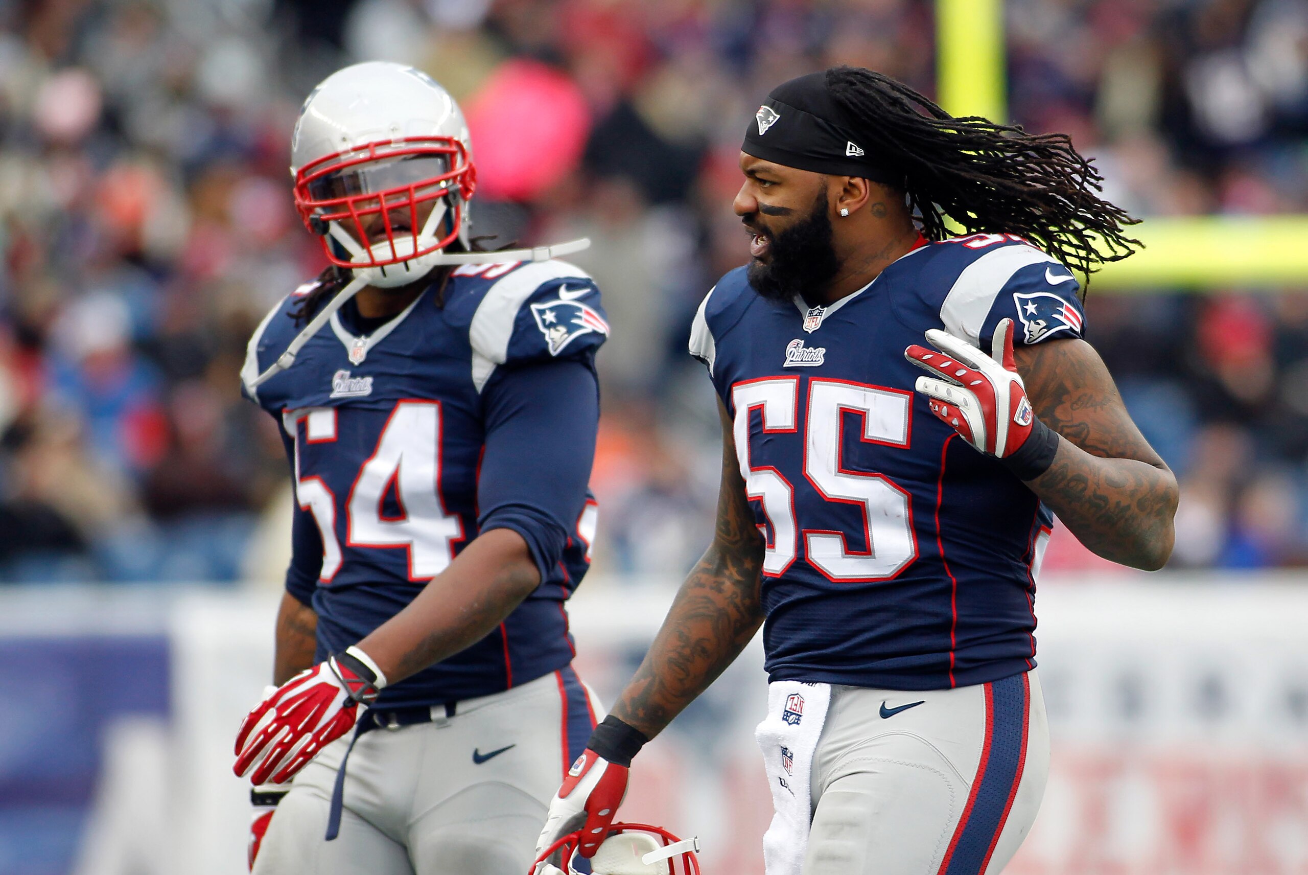 Dec 8, 2013; Foxborough, MA, USA; New England Patriots linebacker Dont'a Hightower (54) and linebacker Brandon Spikes (55) during the first quarter against the Cleveland Browns at Gillette Stadium. Mandatory Credit: Stew Milne-USA TODAY Sports