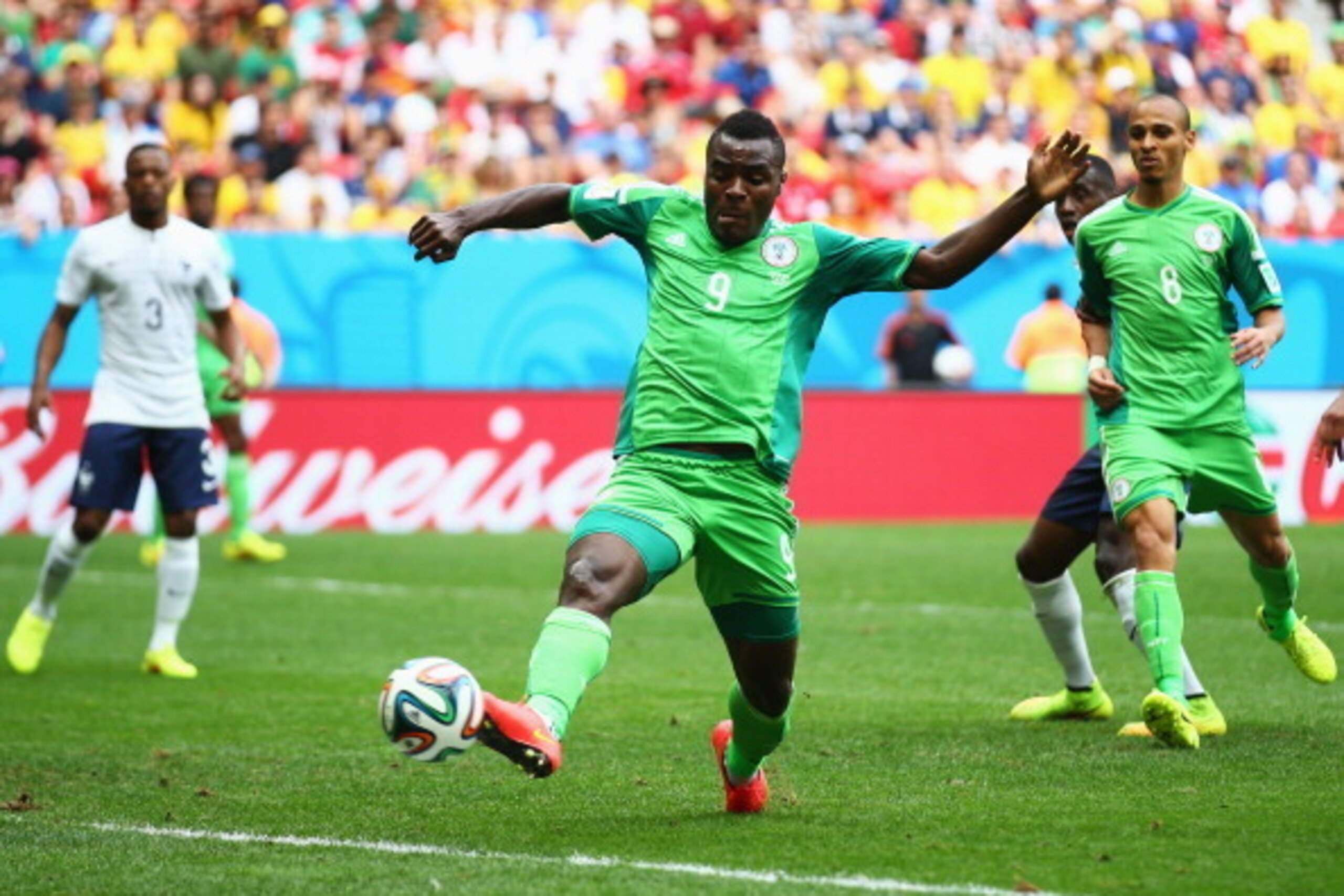 BRASILIA, BRAZIL - JUNE 30: Emmanuel Emenike of Nigeria scores but the goal is disallowed during the 2014 FIFA World Cup Brazil Round of 16 match between France and Nigeria at Estadio Nacional on June 30, 2014 in Brasilia, Brazil.  (Photo by Paul Gilham/G