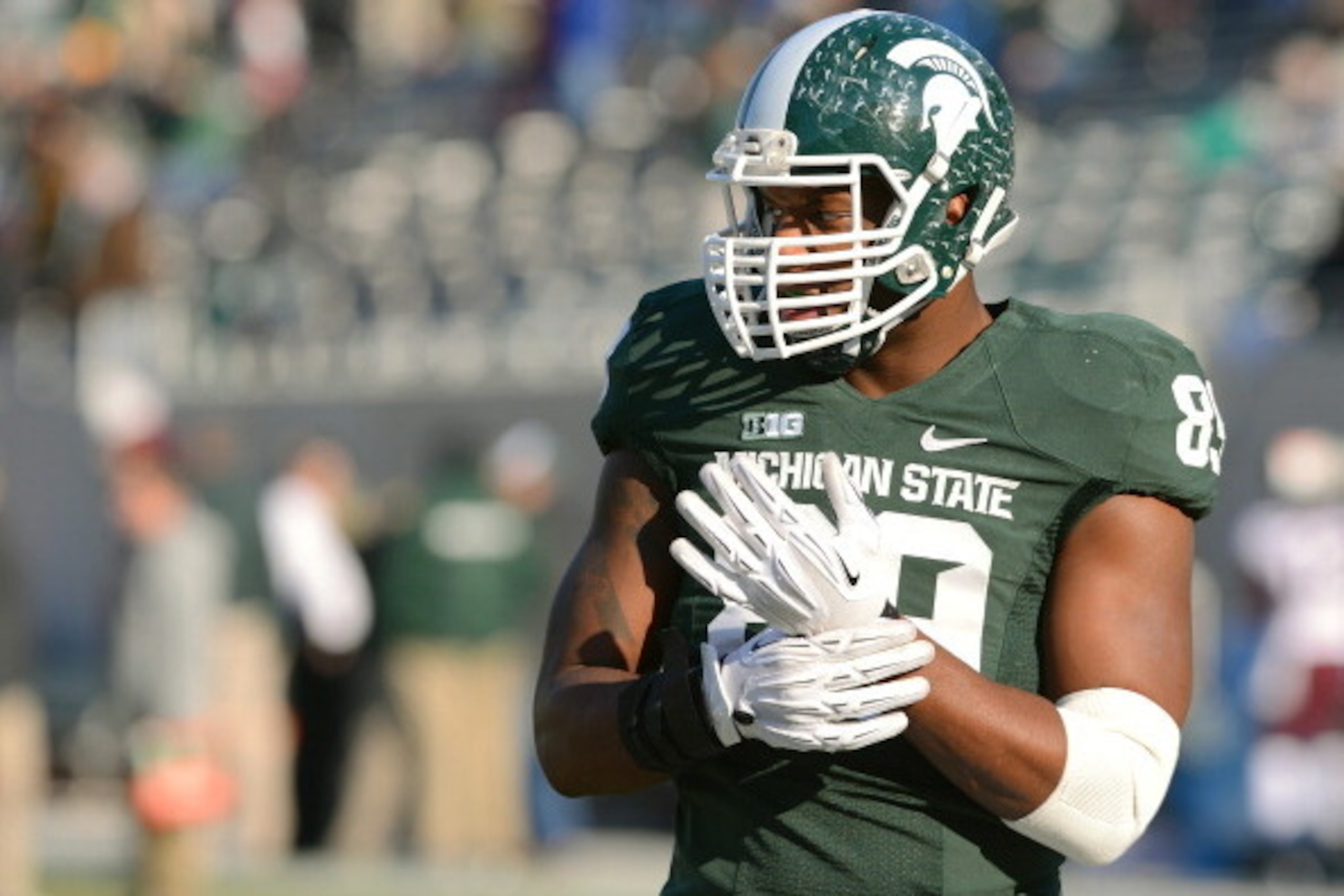 EAST LANSING, MI - NOVEMBER 30:  Shilique Calhoun #89 of the Michigan State Spartans looks on prior to the start of the game against the Minnesota Golden Gophers at Spartan Stadium on November 30, 2013 in East Lansing, Michigan. The Spartans defeated the 