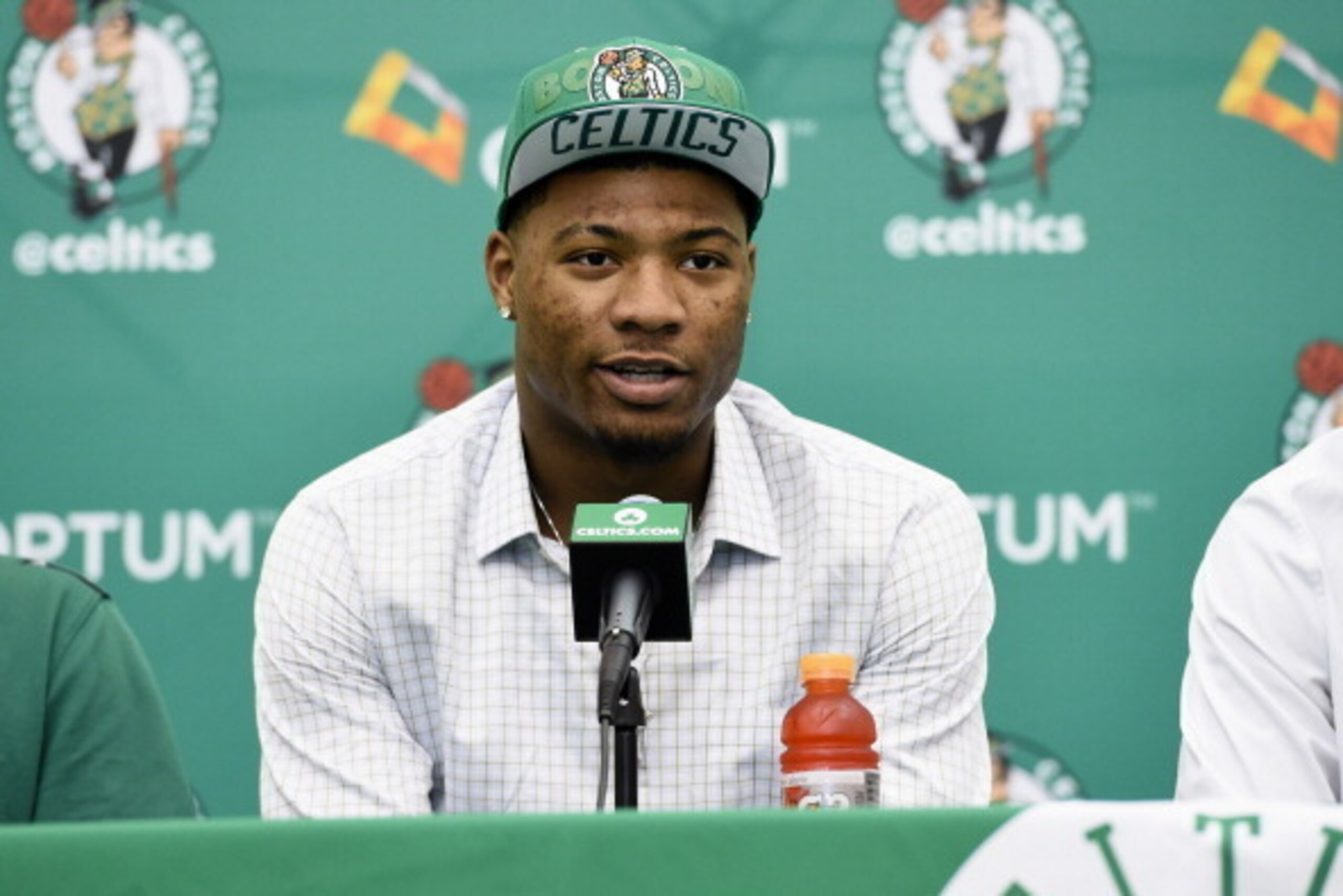 WALTHAM, MA - JUNE 30:  Marcus Smart talks to the media as Boston Celtic during a press conference on June 30, 2014 at the Boston Celtics Training Center in Waltham, Massachusetts . NOTE TO USER: User expressly acknowledges and agrees that, by downloading