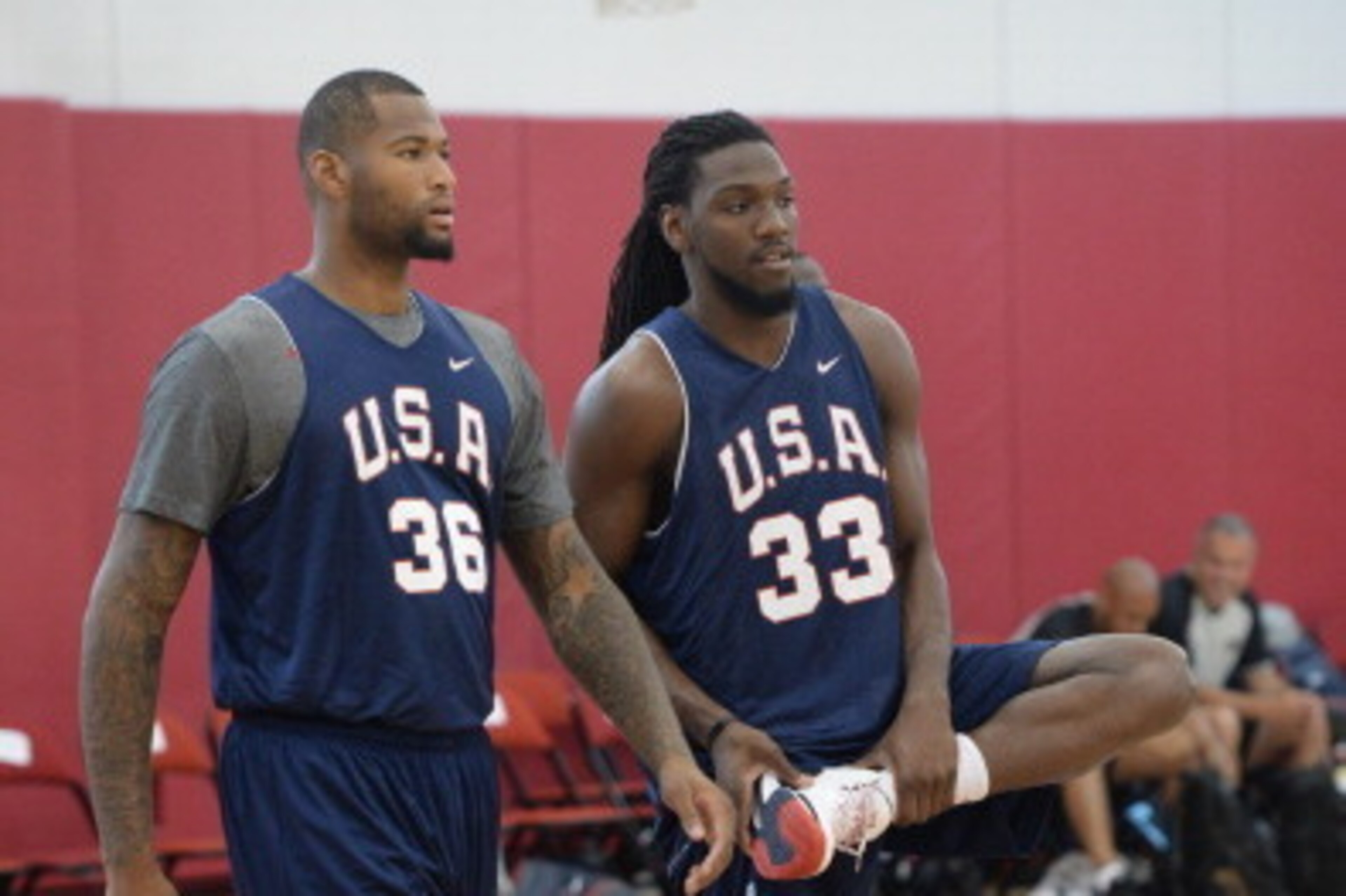 LAS VEGAS, NV - JULY 28: Kenneth Faired #33 and DeMarcus Cousins #36 of the USA Basketball Men's National Team stretches during practice at the Mendenhall Center at the University of Nevada, Las Vegas on July 28, 2014 in Las Vegas, Nevada. NOTE TO USER: U