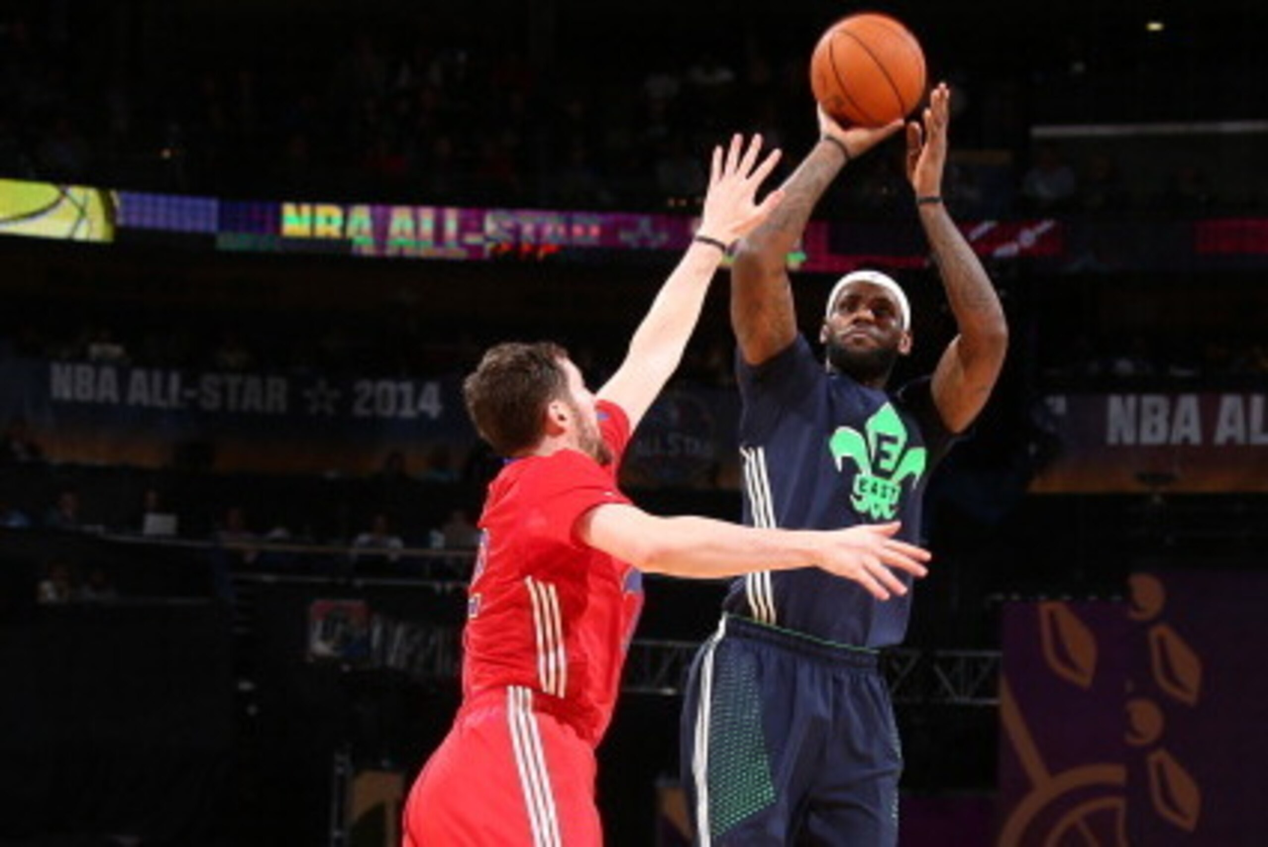 NEW ORLEANS, LA - FEBRUARY 16: LeBron James of the Eastern Conference All-Stars shoots against Kevin Love of the Western Conference All-Stars during the 2014 NBA All-Star Game as part of the 2014 All-Star Weekend at Smoothie King Center on February 16, 20 NEW ORLEANS, LA - FEBRUARY 16: LeBron James of the Eastern Conference All-Stars shoots against Kevin Love of the Western Conference All-Stars during the 2014 NBA All-Star Game as part of the 2014 All-Star Weekend at Smoothie King Center on February 16, 20