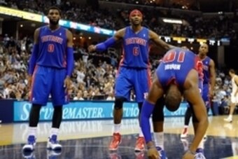 Nov 1, 2013; Memphis, TN, USA; Detroit Pistons center Andre Drummond (0) Detroit Pistons small forward Josh Smith (6) and Detroit Pistons center Greg Monroe (10) react to call against Memphis Grizzlies during the second half at FedExForum. Memphis Grizzli