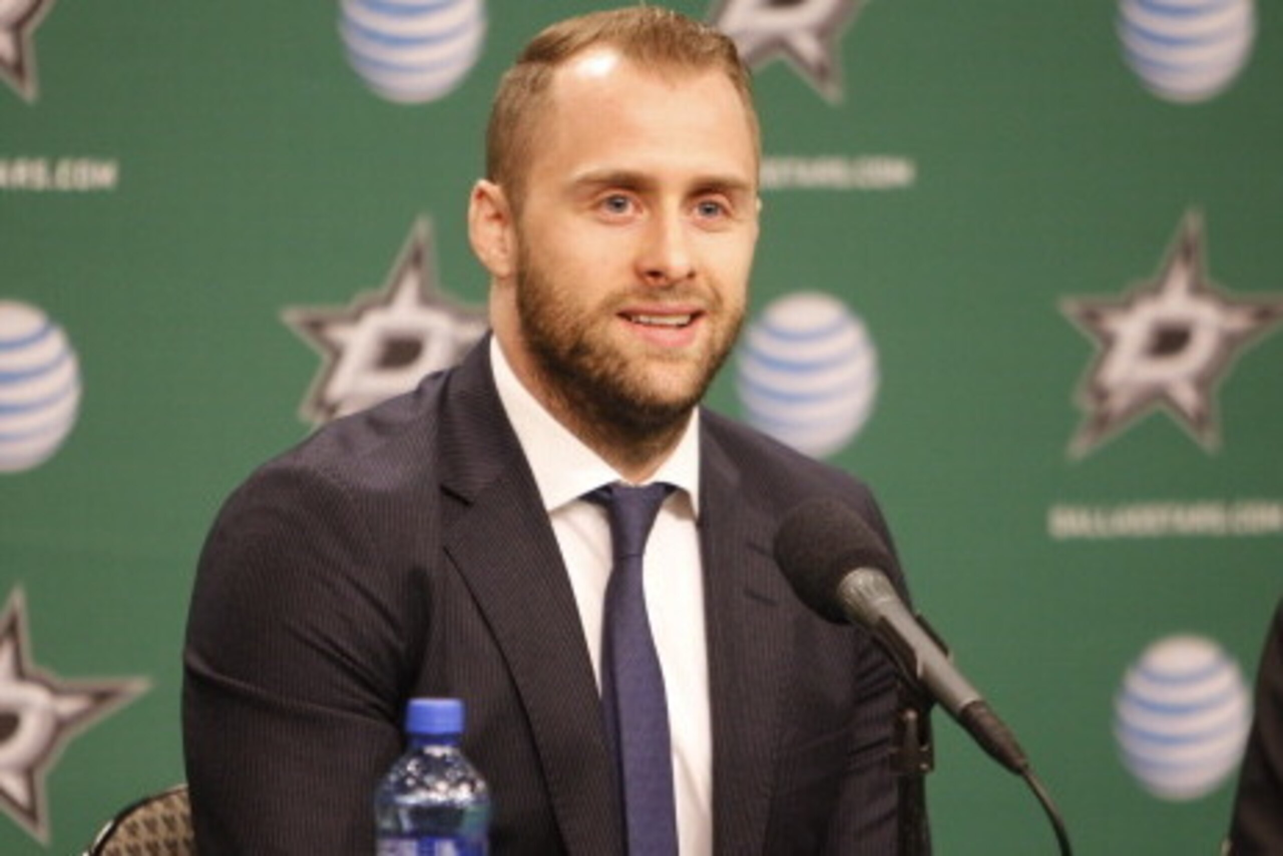 DALLAS, TX - MARCH 28: Rich Peverley #17 of the Dallas Stars talks with media during a press conference discussing his medical condition before a game against the Nashville Predators at the American Airlines Center on March 28, 2014 in Dallas, Texas. (Pho