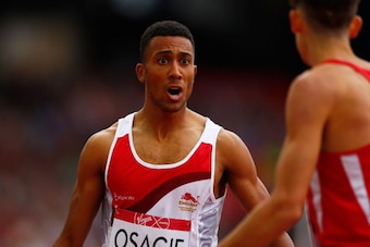 GLASGOW, SCOTLAND - JULY 29: Andrew Osagie of England has words with Joe Thomas of Wales after clashing at the finish line in the Men's 800 metres heats at Hampden Park during day six of the Glasgow 2014 Commonwealth Games on July 29, 2014 in Glasgow, Un GLASGOW, SCOTLAND - JULY 29: Andrew Osagie of England has words with Joe Thomas of Wales after clashing at the finish line in the Men's 800 metres heats at Hampden Park during day six of the Glasgow 2014 Commonwealth Games on July 29, 2014 in Glasgow, Un