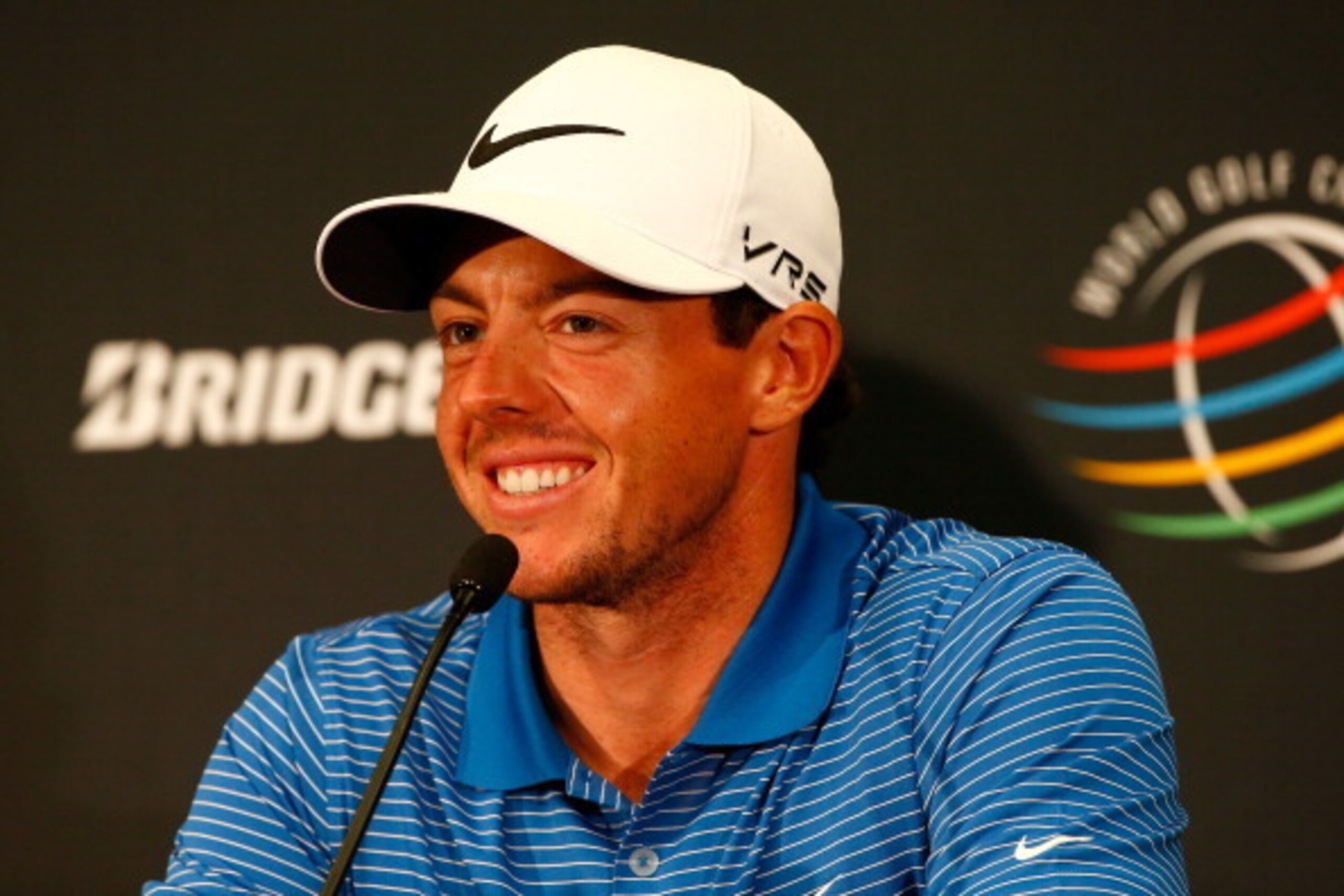 AKRON, OH - JULY 29:  Rory McIlroy of Ireland speaks to the media prior to the World Golf Championships-Bridgestone Invitational at Firestone Country Club South Course on July 29, 2014 in Akron, Ohio.  (Photo by Sam Greenwood/Getty Images)