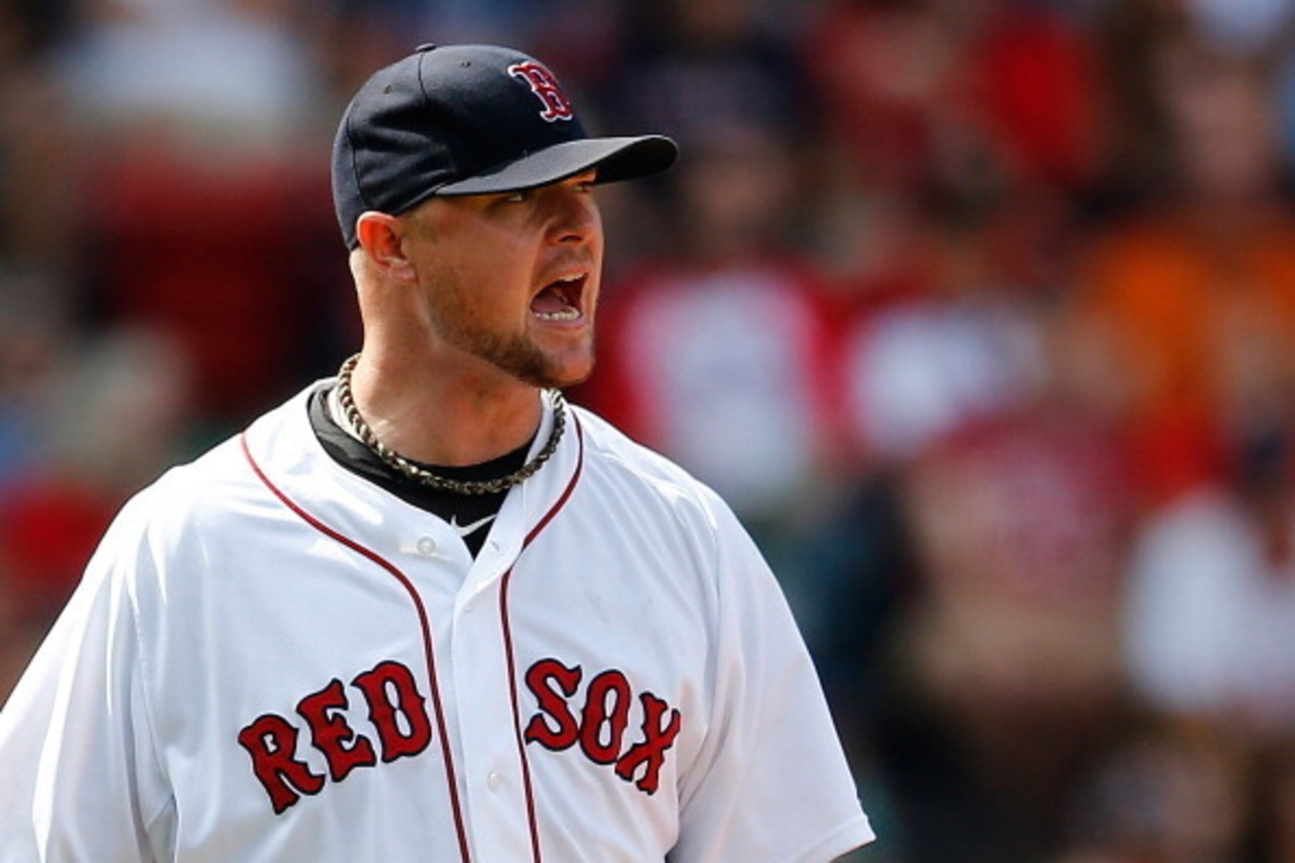 BOSTON, MA - JULY 20: Jon Lester #31 of the Boston Red Sox reacts after walking a man in the sixth inning against the Kansas City Royals at Fenway Park on July 20, 2014 in Boston, Massachusetts.  (Photo by Jim Rogash/Getty Images)