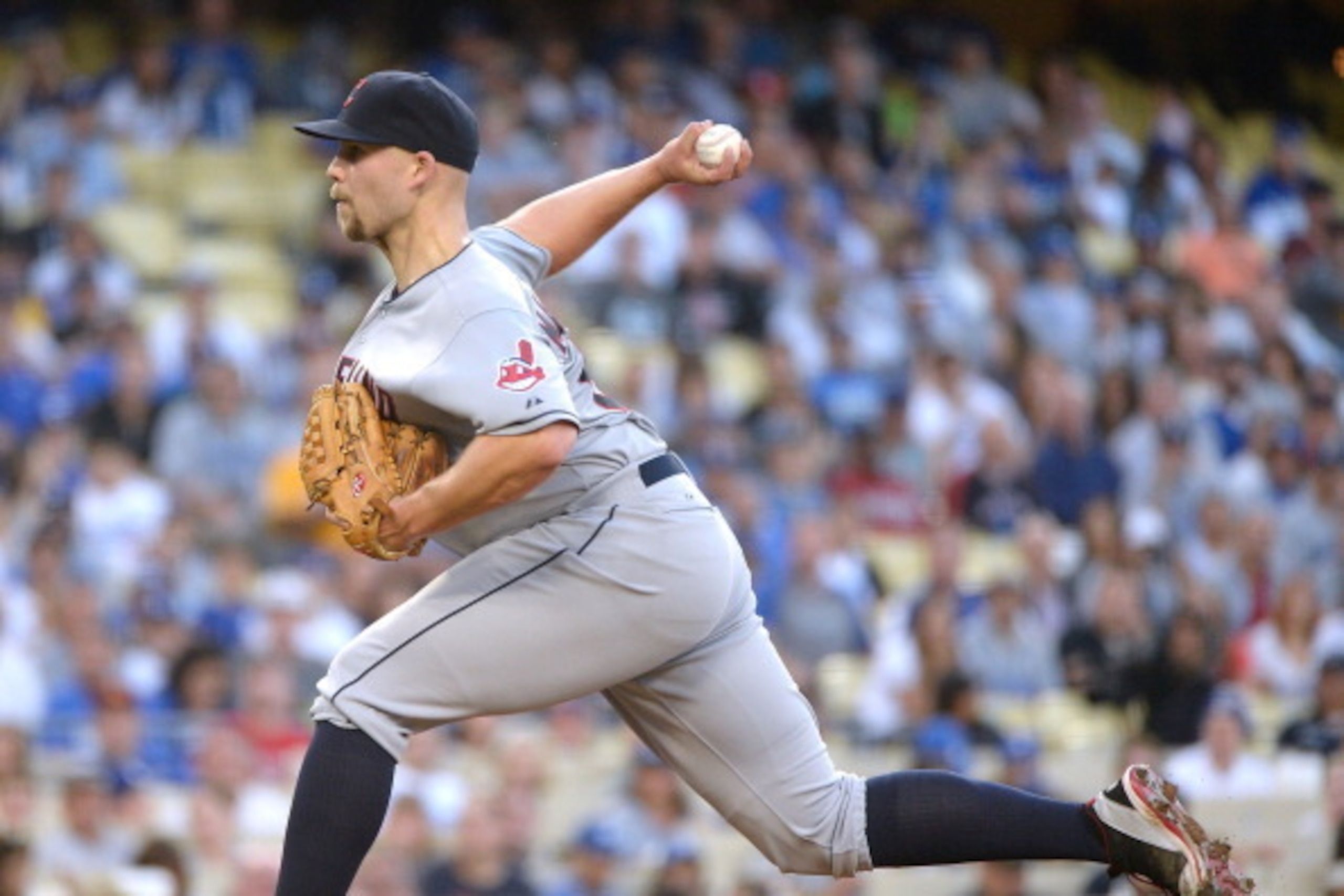 LOS ANGELES, CA - JULY 01:  Justin Masterson #63 of the Cleveland Indians pitches against the Los Angeles Dodgers during the first inning at Dodger Stadium on July 1, 2014 in Los Angeles, California.  (Photo by Harry How/Getty Images)