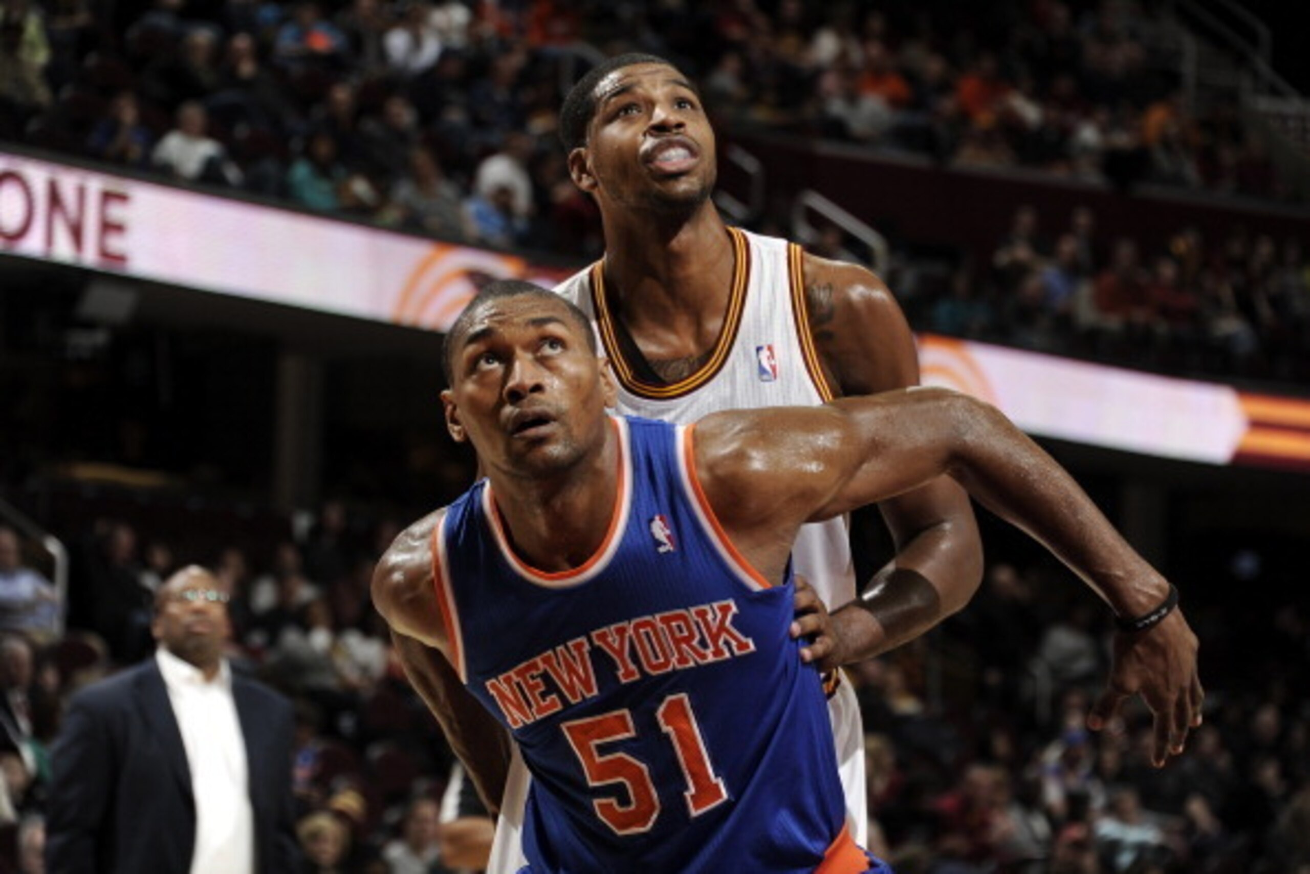 CLEVELAND, OH - DECEMBER 7:  Metta World Peace #51 of the New York Knicks boxes out Tristan Thompson #13 of the Cleveland Cavaliers for the rebound at The Quicken Loans Arena on December 7, 2013 in Cleveland, Ohio. NOTE TO USER: User expressly acknowledge