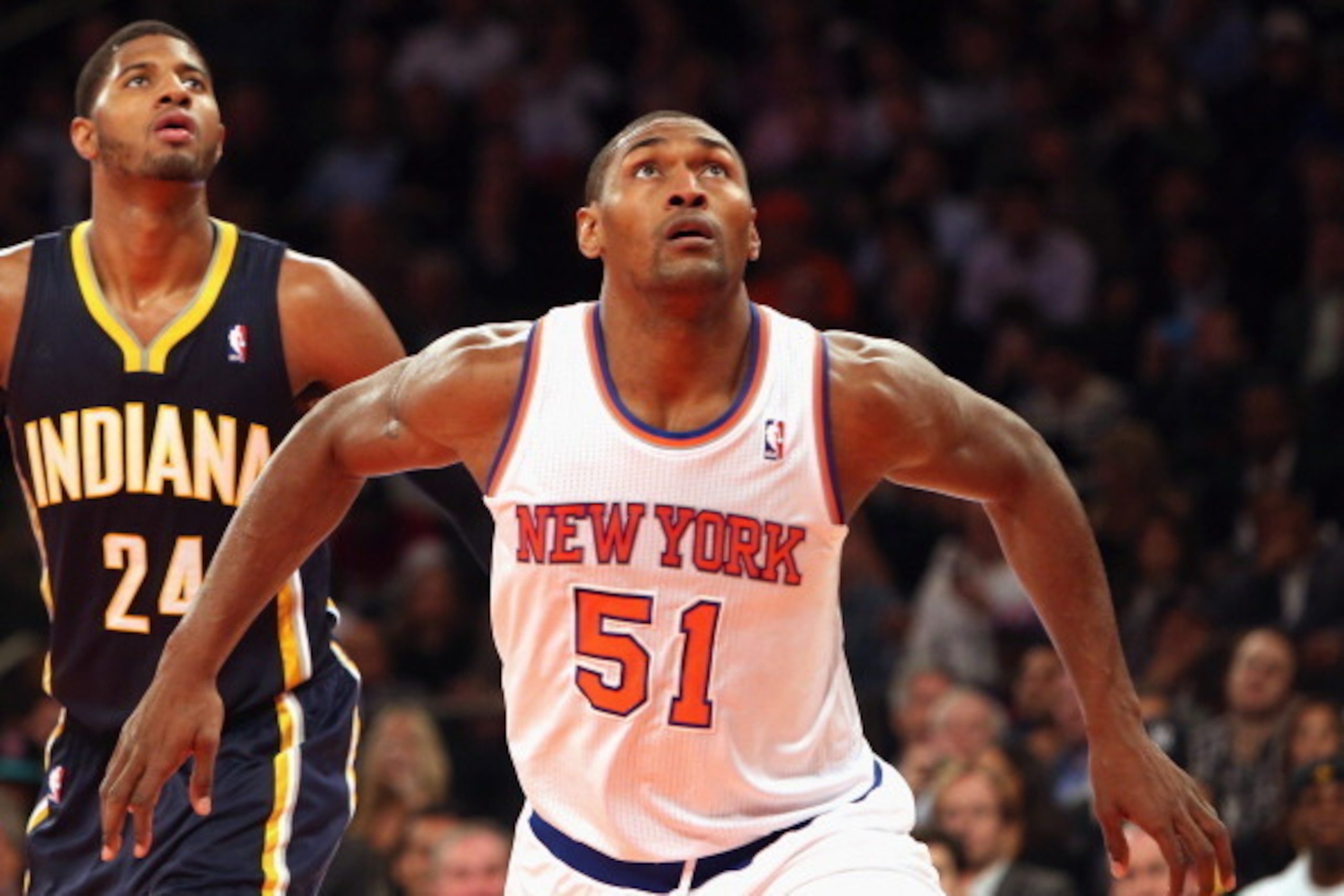 NEW YORK, NY - NOVEMBER 20: Metta World Peace #51 of the New York Knicks plays against the Indiana Pacers at Madison Square Garden on November 20, 2013 in New York City. NOTE TO USER: User expressly acknowledges and agrees that, by downloading and or usin