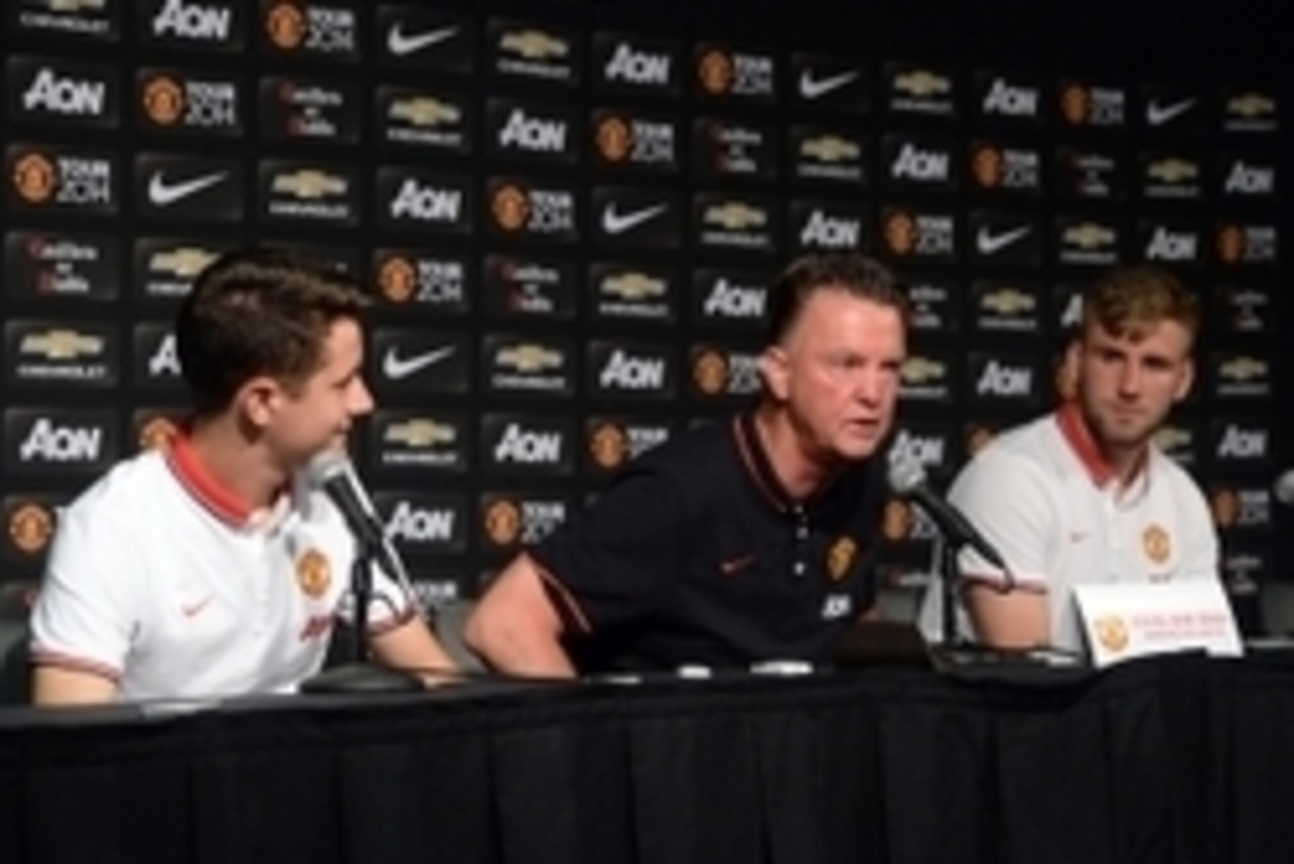 Jul 22, 2014; Pasadena, CA, USA; Manchester United midfielder Ander Herrera, head coach Louis Van Gaal and defender Luke Shaw talk to the media during a press conference a day before the game against the Los Angeles Galaxy at the Rose Bowl. Mandatory Cred Jul 22, 2014; Pasadena, CA, USA; Manchester United midfielder Ander Herrera, head coach Louis Van Gaal and defender Luke Shaw talk to the media during a press conference a day before the game against the Los Angeles Galaxy at the Rose Bowl. Mandatory Cred