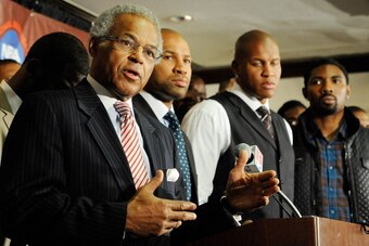 NEW YORK, NY - NOVEMBER 08:  Billy Hunter, Executive Director of the National Basketball Players Association, and Derek Fisher, President of the National Basketball Players Association speak at a press conference after the NBPA held a meeting to discuss t