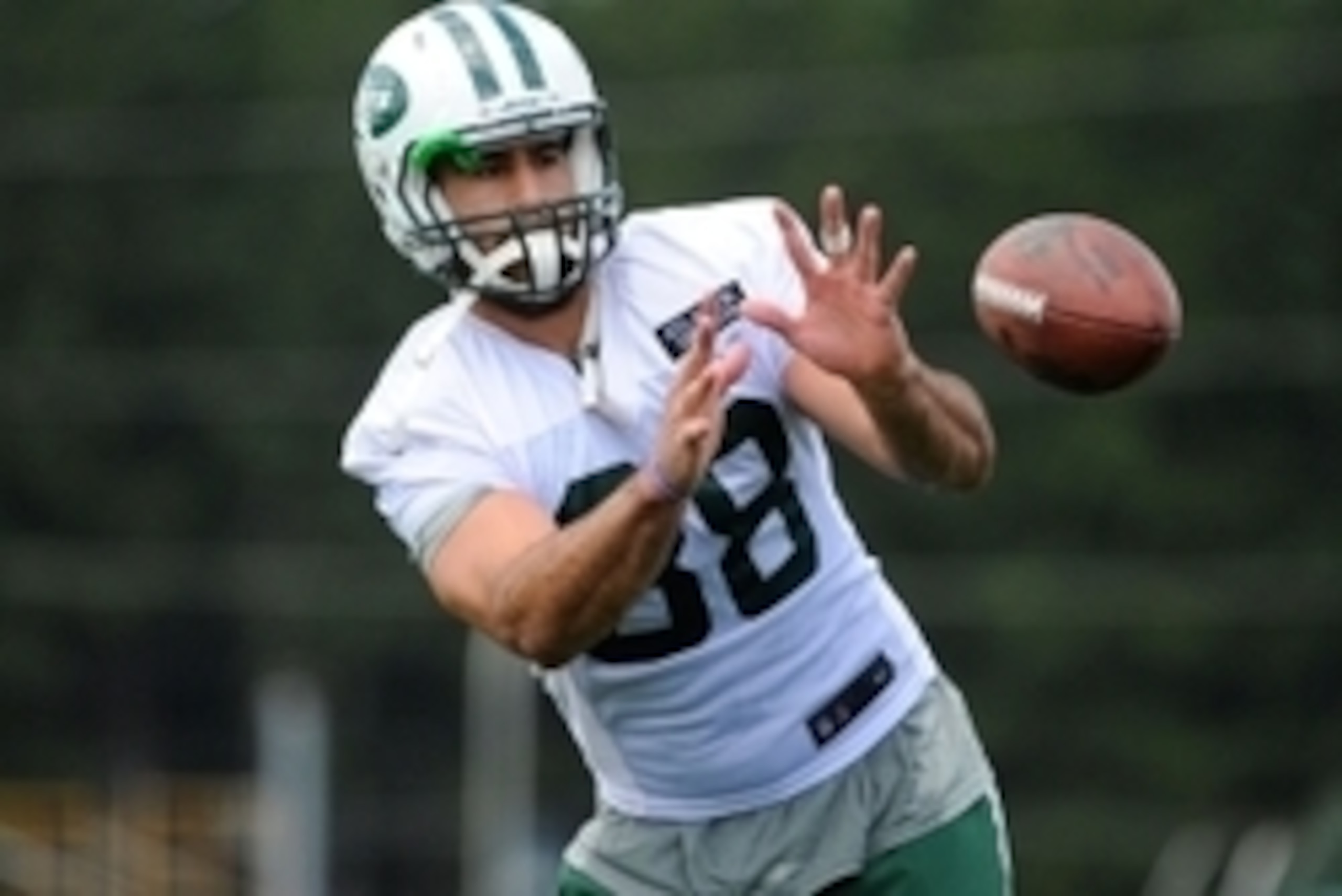 Jul 24, 2014; Cortland, NY, USA; New York Jets tight end Jace Amaro (88) makes a catch during training camp at SUNY Cortland. Mandatory Credit: Rich Barnes-USA TODAY Sports