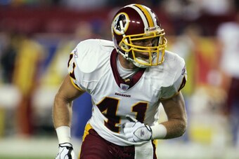LANDOVER, MD - SEPTEMBER 27: Saftey Matt Bowen #41 of the Washington Redskins runs on the field during the game with the Dallas Cowboys at FedEx Field on September 27, 2004 in Landover, Maryland. The Cowboys defeated the Redskins 21-18. (Photo by Doug Pen