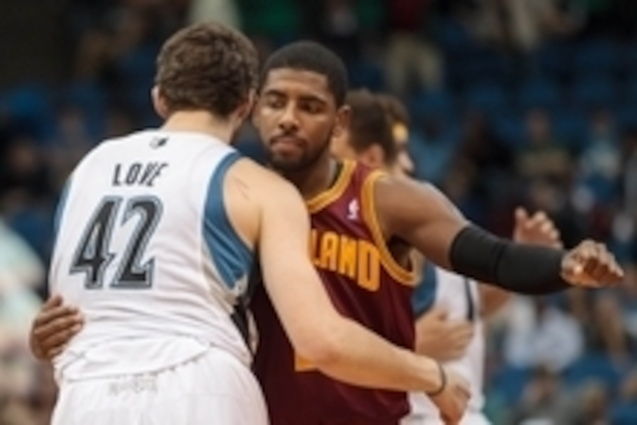 Nov 13, 2013; Minneapolis, MN, USA; Minnesota Timberwolves power forward Kevin Love (42) and Cleveland Cavaliers point guard Kyrie Irving (2) hug before the tip off at Target Center. Mandatory Credit: Brad Rempel-USA TODAY Sports Nov 13, 2013; Minneapolis, MN, USA; Minnesota Timberwolves power forward Kevin Love (42) and Cleveland Cavaliers point guard Kyrie Irving (2) hug before the tip off at Target Center. Mandatory Credit: Brad Rempel-USA TODAY Sports