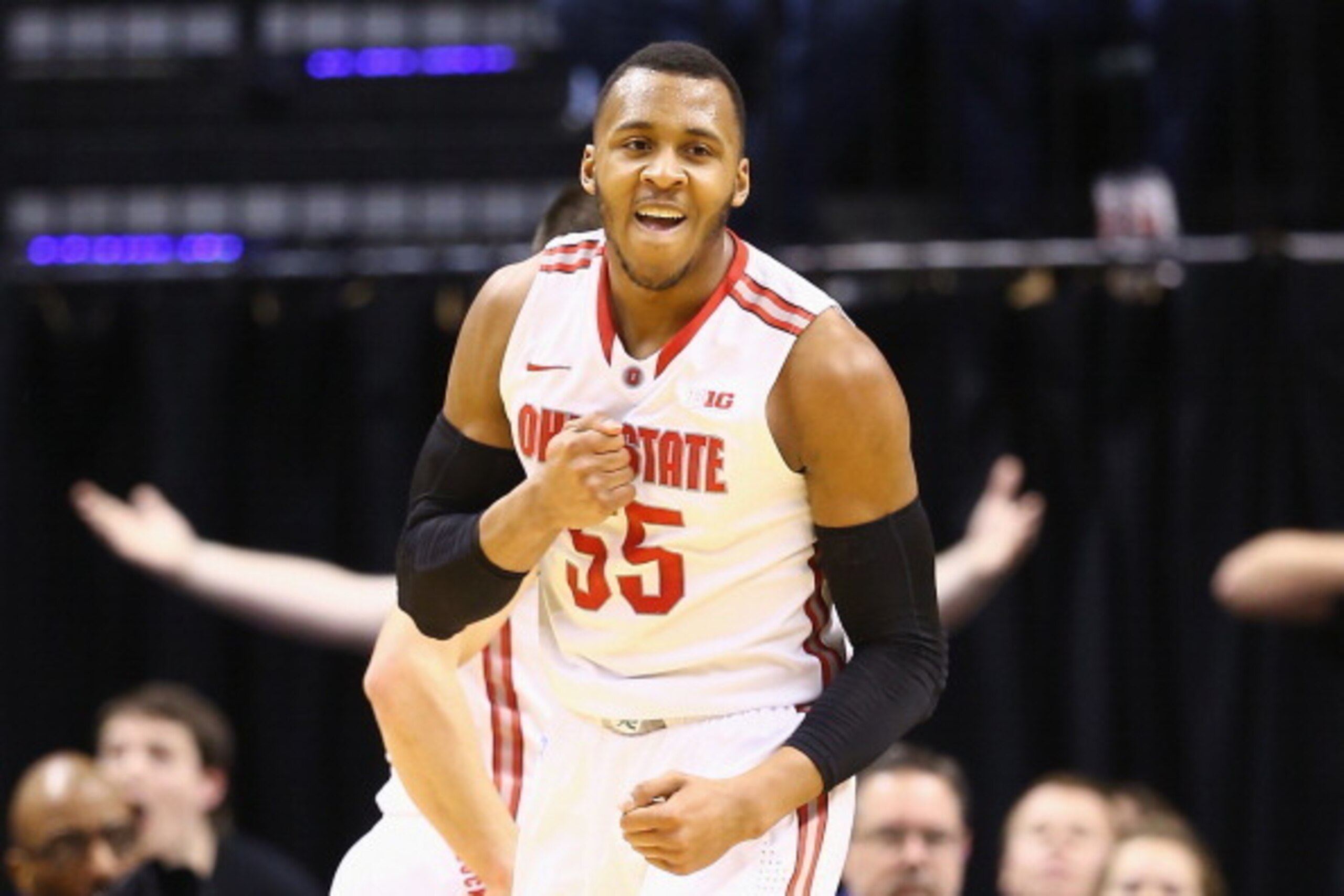 INDIANAPOLIS, IN - MARCH 13:  Trey McDonald #55 of the Ohio State Buckeyes celebrates in the game against the Purdue Boilermakes during the first round of the Big Ten Basketball Tournament at Bankers Life Fieldhouse on March 13, 2014 in Indianapolis, Indi